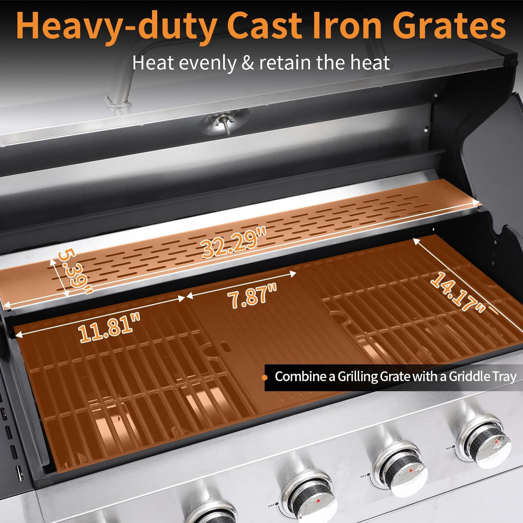 6 Burner Propane Gas Grill with Side Burner, Cast Iron Grates, Plate, Lid and Warming Rack, Large Cabinet Style BBQ Grill for Barbecue Grilling Backyard Cooking, 620 SQ. IN. Cooking Area