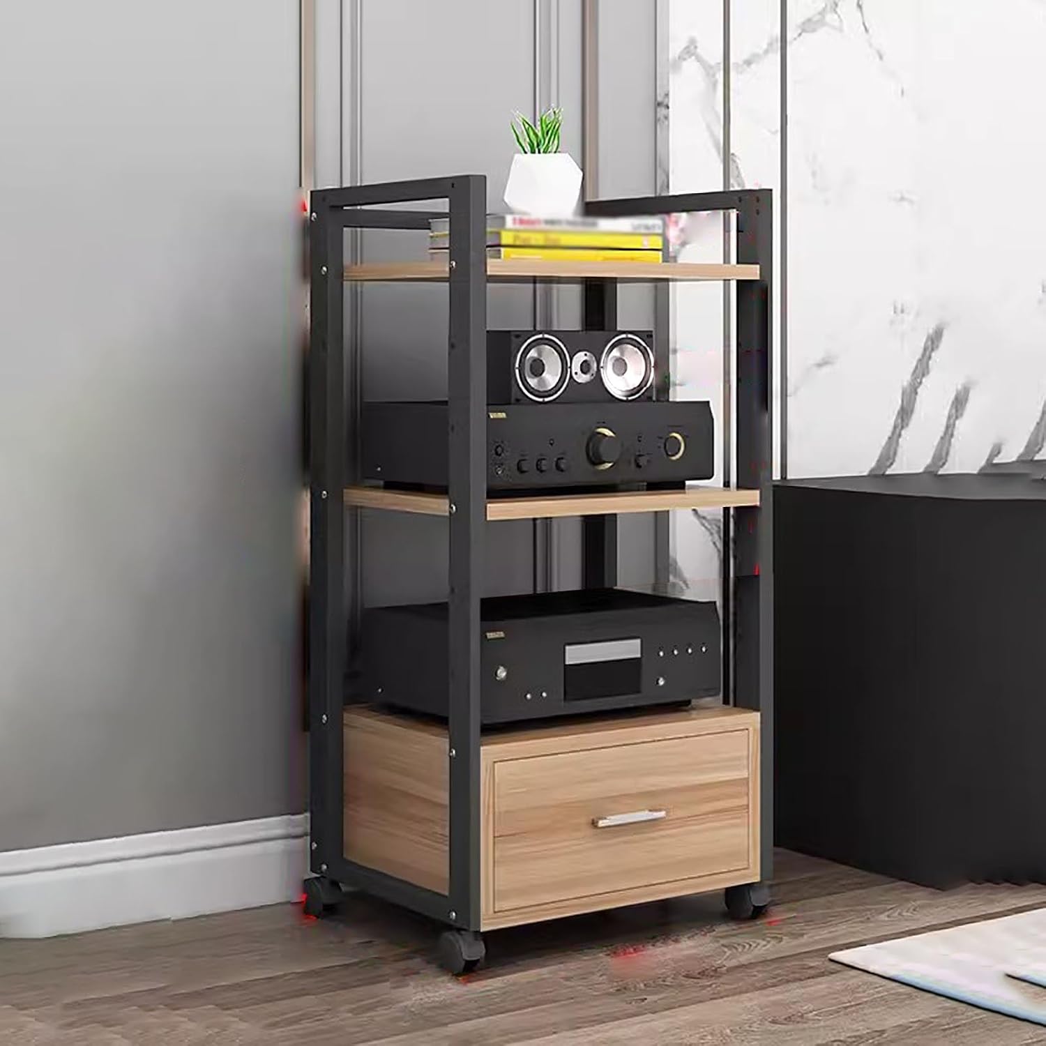 AV Media Stand Corner Shelf - Rack Audio Tower with Adjustable Shelves - 79 100 120cm Tall Shelf Stand with Wheels - Audio Equipment Rolling Cart Rack Portable for Home, 3 Tiers-100cm Tall