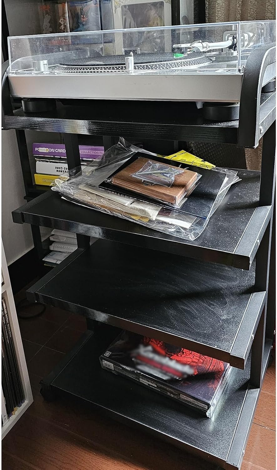 Black Record Player Shelf Movable, Media Stand DVD Audio Rack Floorstanding 3 4 5 Tier Component Storage Holder, Living Room Game Equipment Cabinet(Color:4 Tier 50x40x85.5cm)
