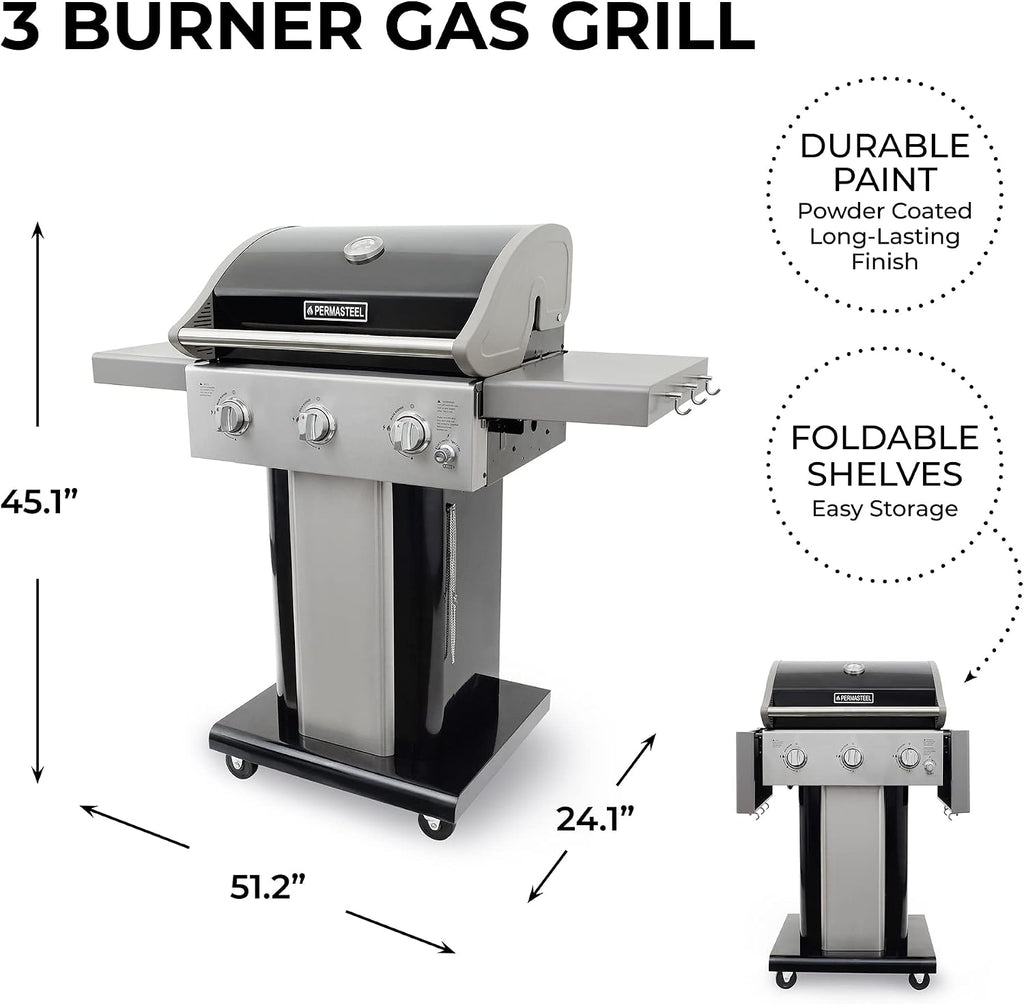 Permasteel 3-Burner Propane Gas Grill, 30,000 BTUs BBQ Grill with Cast Iron Grates, Foldable Side Tables & Tool Hooks, Outdoor Grill, Black