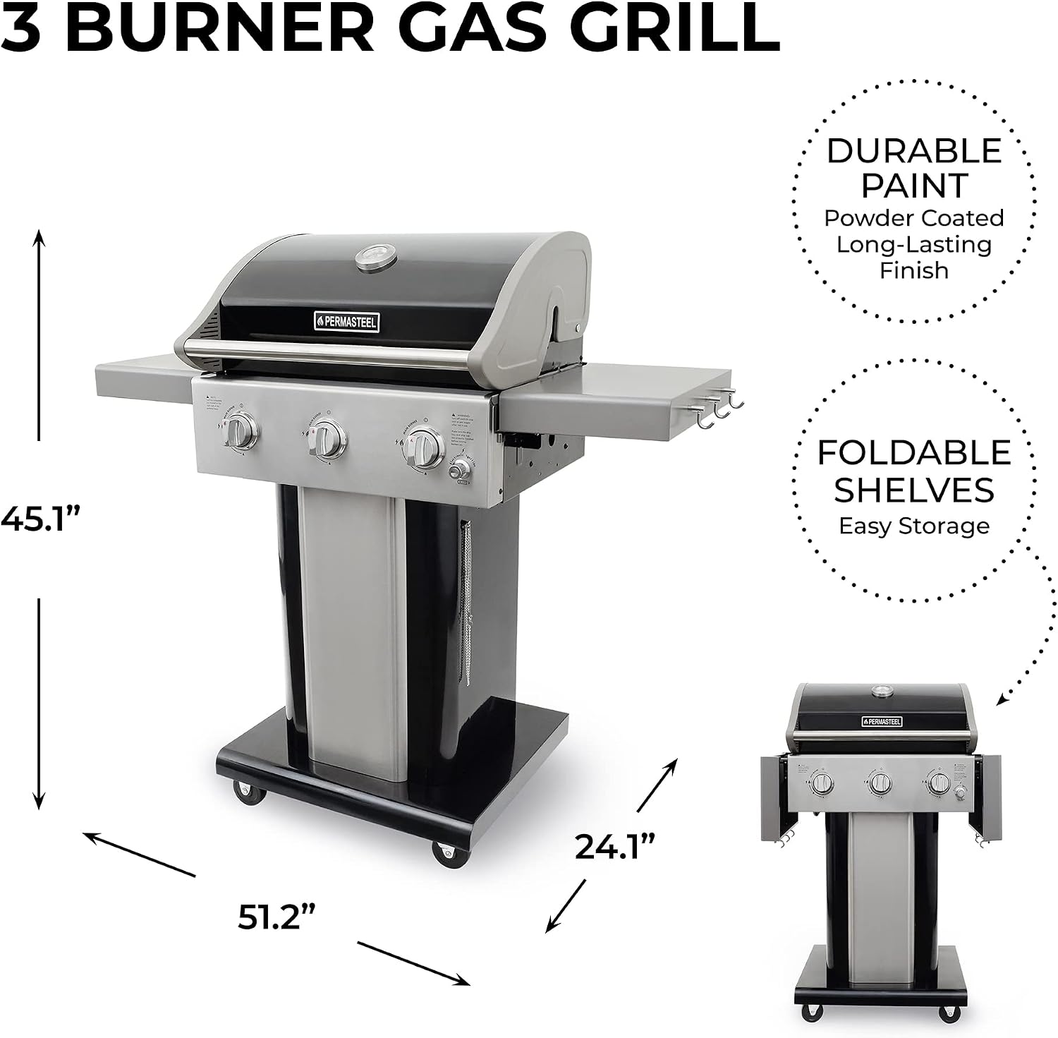 Permasteel 3-Burner Propane Gas Grill, 30,000 BTUs BBQ Grill with Cast Iron Grates, Foldable Side Tables & Tool Hooks, Outdoor Grill, Black