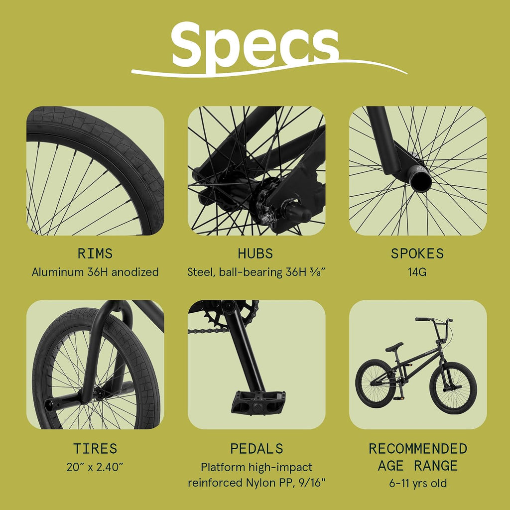 Retrospec Sesh 20' Kids BMX Bike - Freestyle Youth Bicycle for Boys and Girls With Removable Axle Pegs, U-Brake, Threadless Steering and Shock-Absorbing Tires for Children Ages 6-11 Years Old