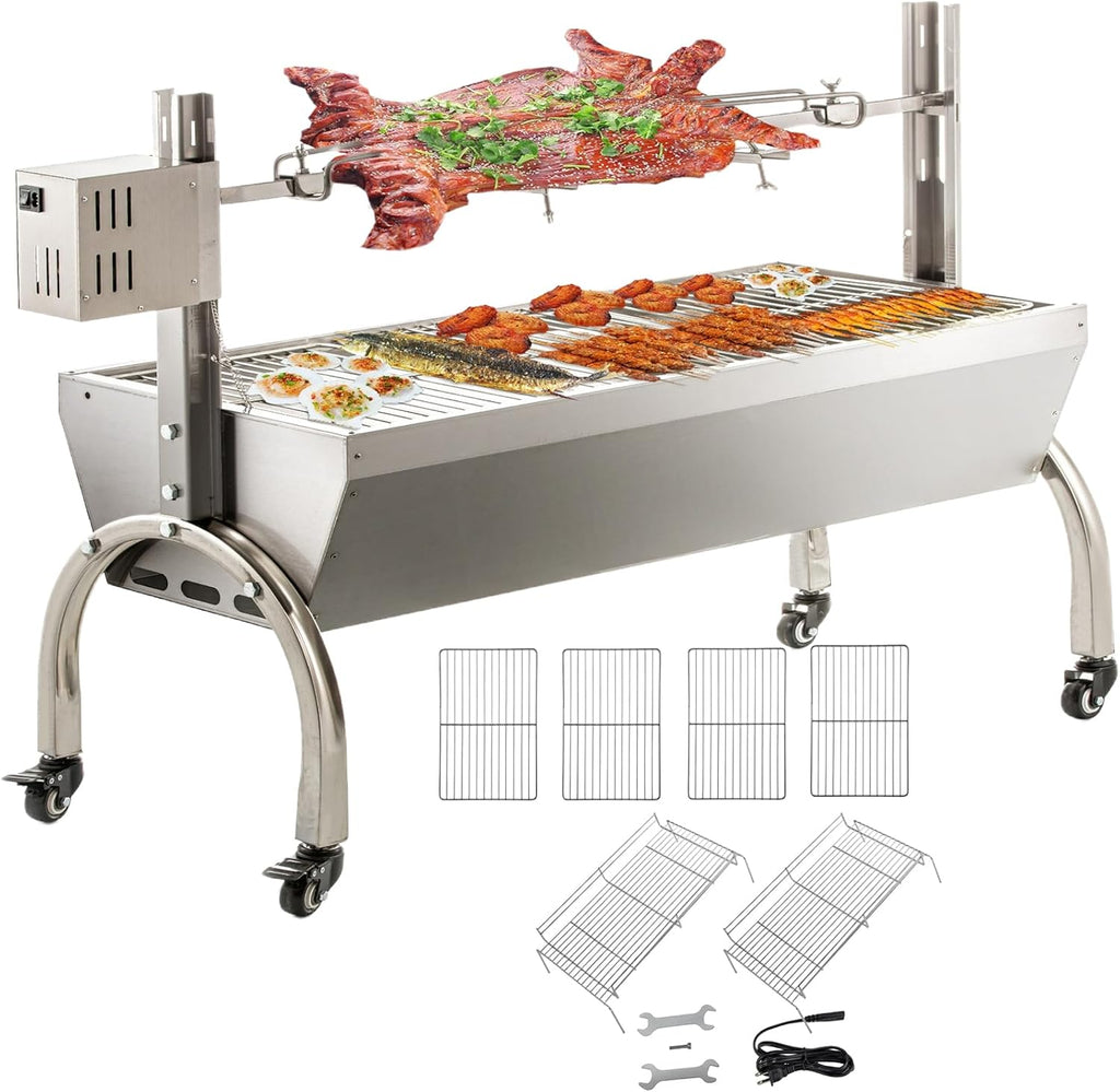 DEWOSEN 50W Rotisserie Grill Roaster 51 Inch BBQ Outdoor Small Pig Lamb Rotisserie Roaster 132LBS/60KG Stainless Steel Charcoal Spit Rotisserie Roaster Grill Great for Camping Outdoor Barbecue