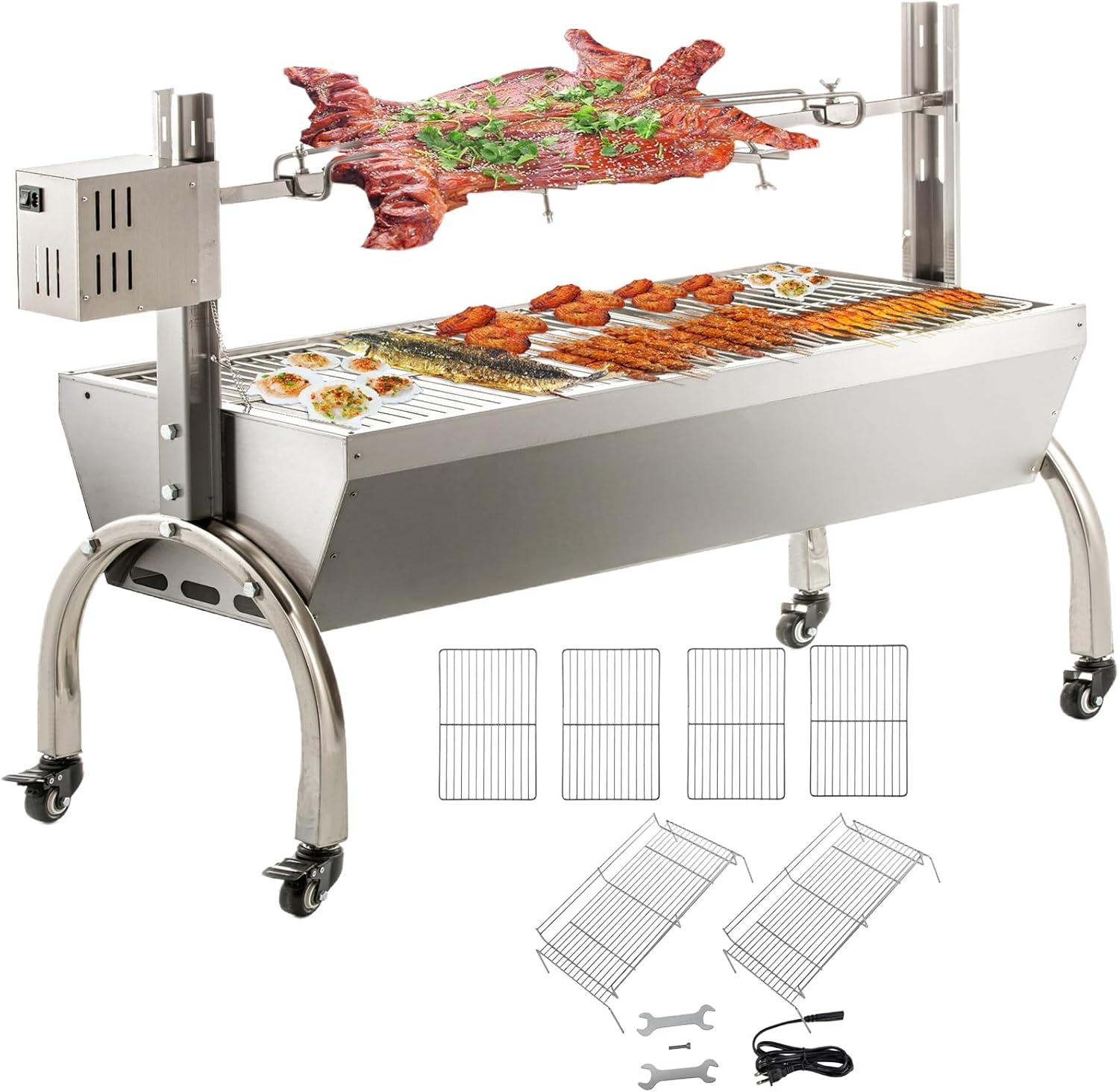 DEWOSEN 50W Rotisserie Grill Roaster 51 Inch BBQ Outdoor Small Pig Lamb Rotisserie Roaster 132LBS/60KG Stainless Steel Charcoal Spit Rotisserie Roaster Grill Great for Camping Outdoor Barbecue