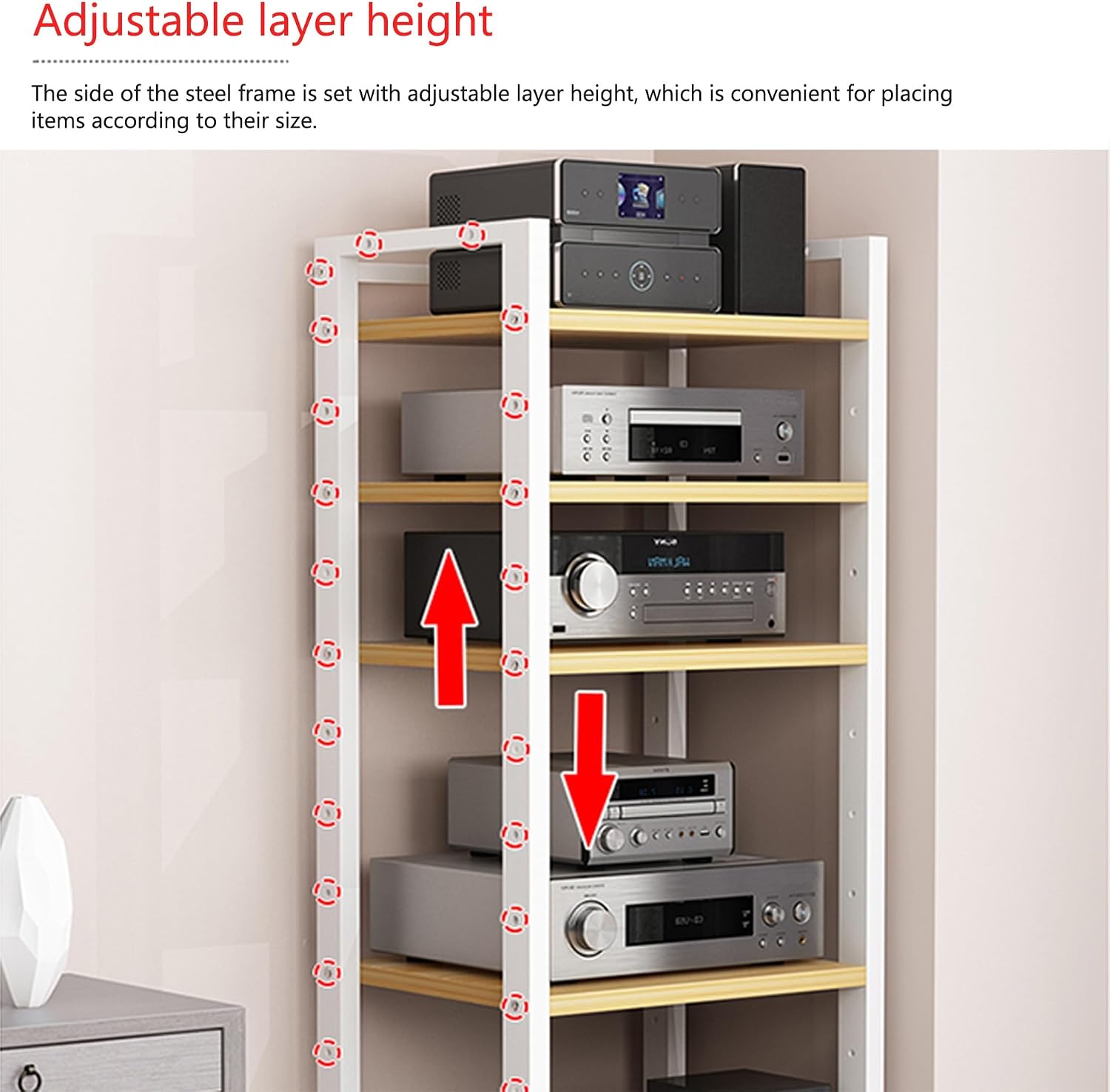 Modern Media Storage Cabinet - Adjustable Height Audio Rack & Stereo Stand, 5/6/7 Shelves for Video Game Consoles & Entertainment Components - Ideal for Home, Office & Theater (Wood Finish)