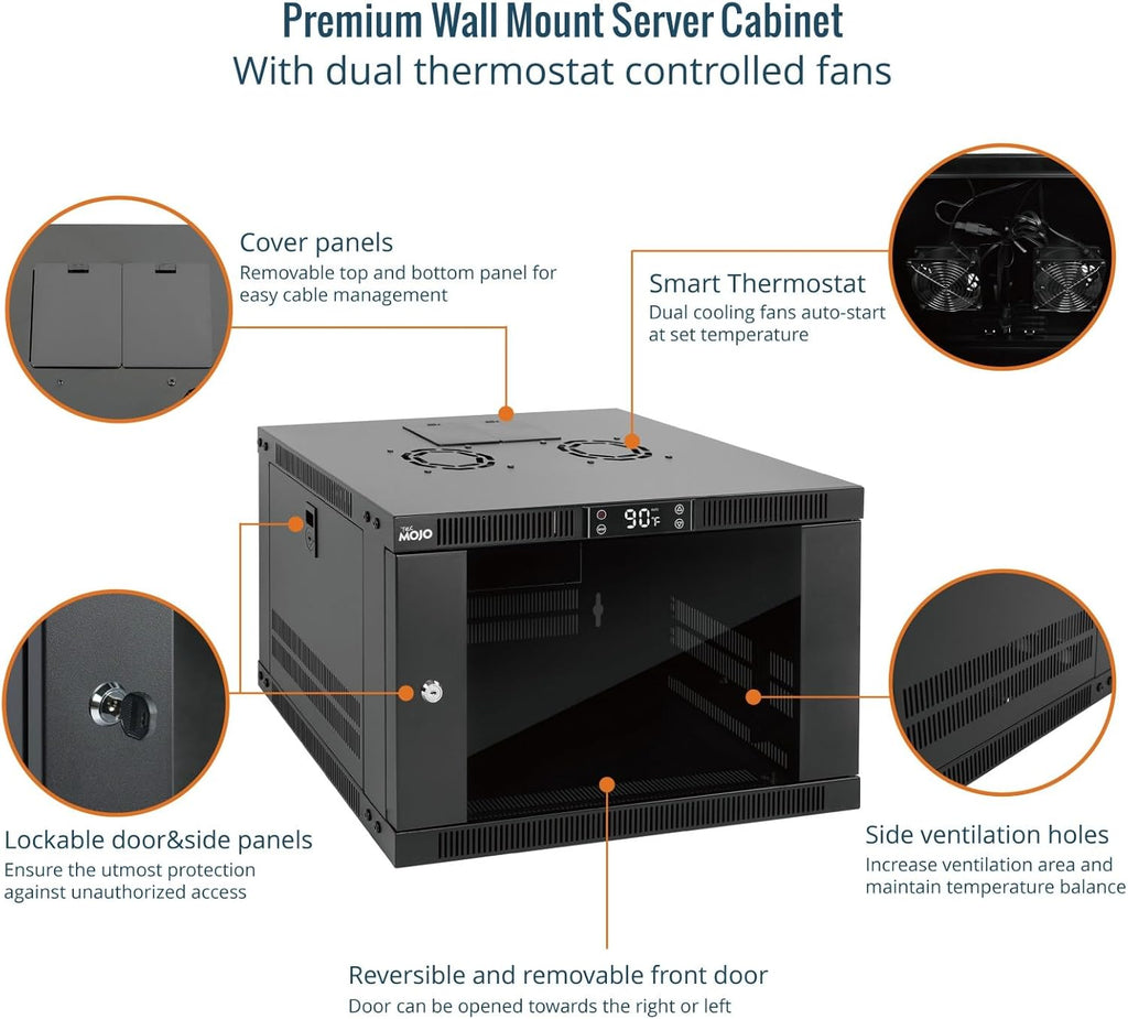 Tecmojo 6U Wall Mount Rack with Thermostat, 17.7inch Depth Enclosed Server Cabinet with 2 Cooling Fans,Lockable Door & Hardware,6U Rack for 19inch Equipments,Glass Door