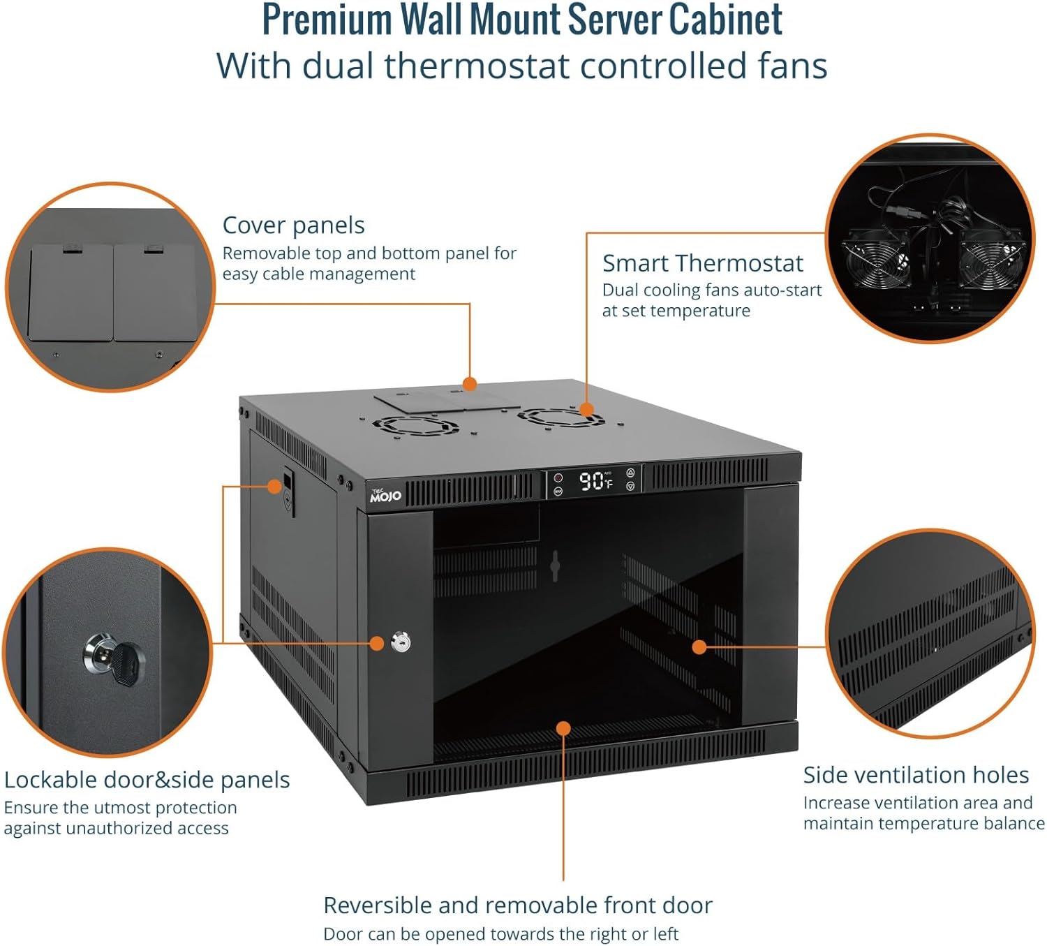 Tecmojo 6U Wall Mount Rack with Thermostat, 17.7inch Depth Enclosed Server Cabinet with 2 Cooling Fans,Lockable Door & Hardware,6U Rack for 19inch Equipments,Glass Door