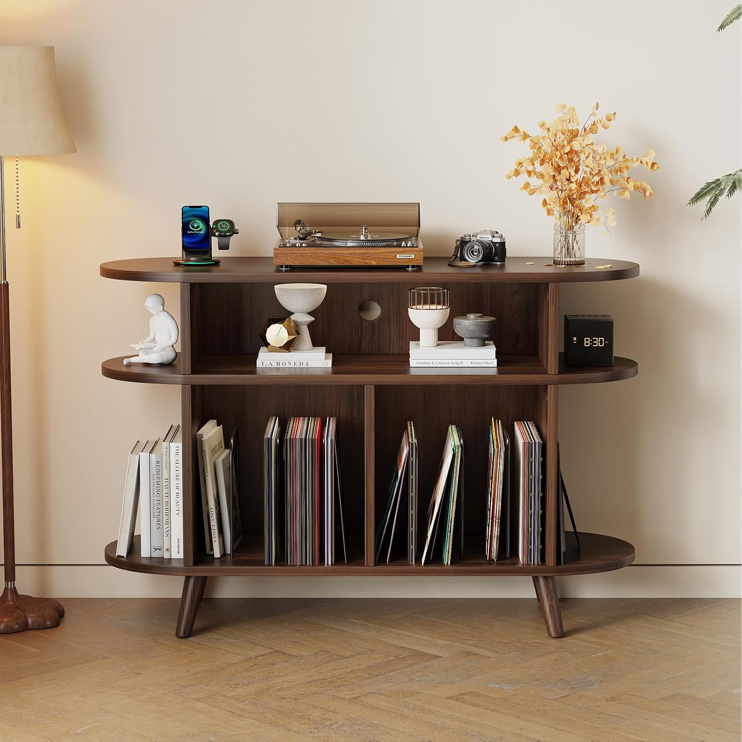 LIVEHOM Large Round Record Player Stand, Wood Record Storage Cabinet, Vinyl Record Holder with Display Area, Mid Century Modern Turntable for Living Room, Bedroom
