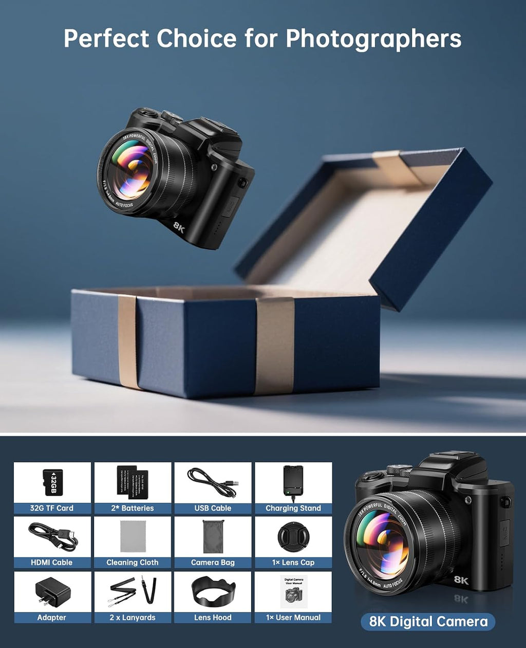 XNSIAKXA 8K Digital Cameras for Photography Autofocus 88MP WiFi Professional 16X Digital Zoom Photography Camera with Dual-Lens for YouTube with Lens Hood, Touch Screen, 2 Batteries & Charging Stand
