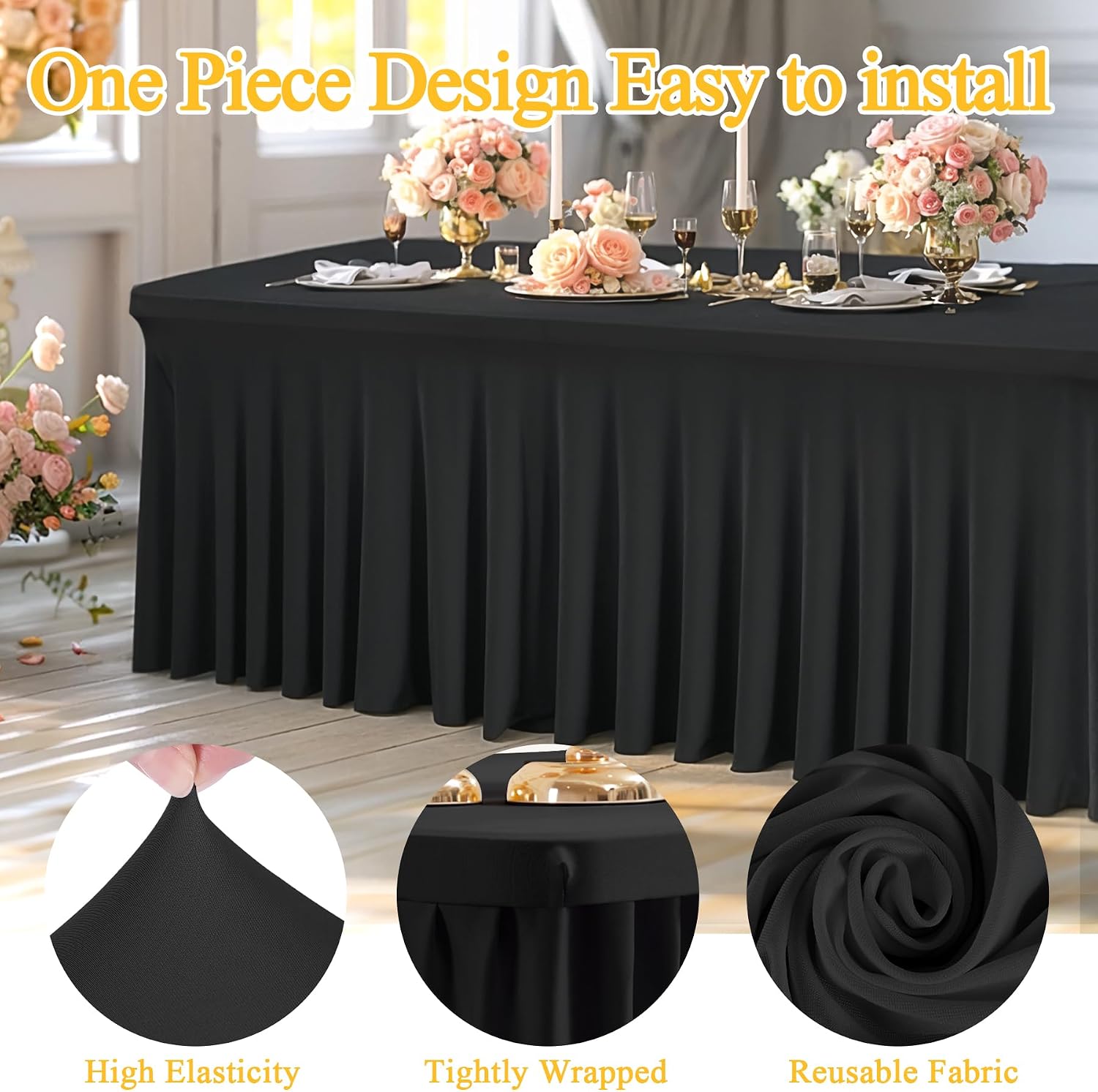 Shillance 6 Packs Black Spandex Table Covers 6 Foot, Fitted Stretch Table Cloth with Skirts 96x30 Inch, Wrinkle-Free Floor Length Rectangle Tablecloths for Trade Show Weddings Parties Banquets Events