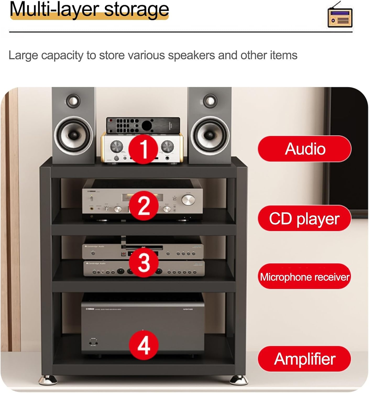 Audio Rack AV Media Stand Wooden Record Player Stand Equipment Console Shelf, for Entertainment Stereo Racks Component Storage and Collection Display(Black,35.5cm/14in)