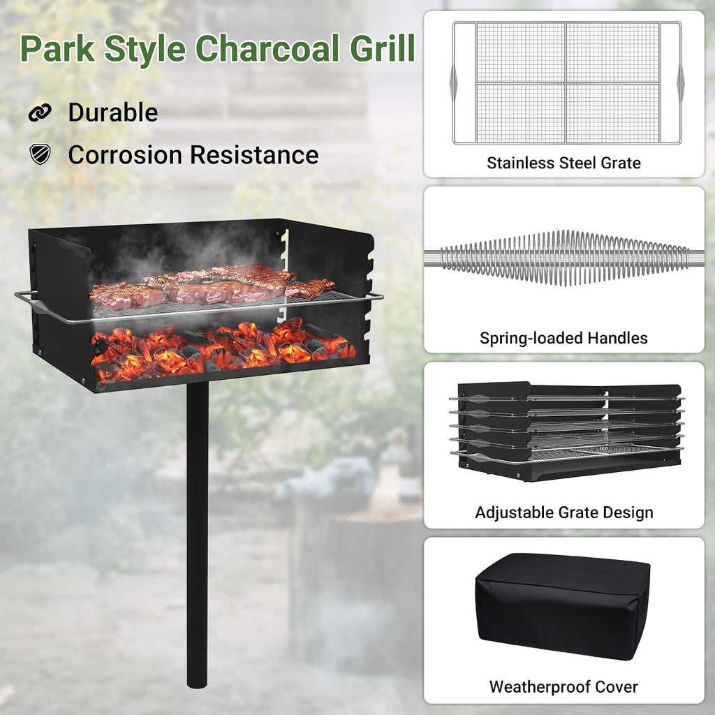 Park Grills, 384 Sq. In, Park Style Charcoal Grill, Heavy Duty In Ground Park Grill with Stainless Steel Cooking Grate and Cover for Commercial and Outdoor Cooking 25.5'' L x 17'' W x 11'' H