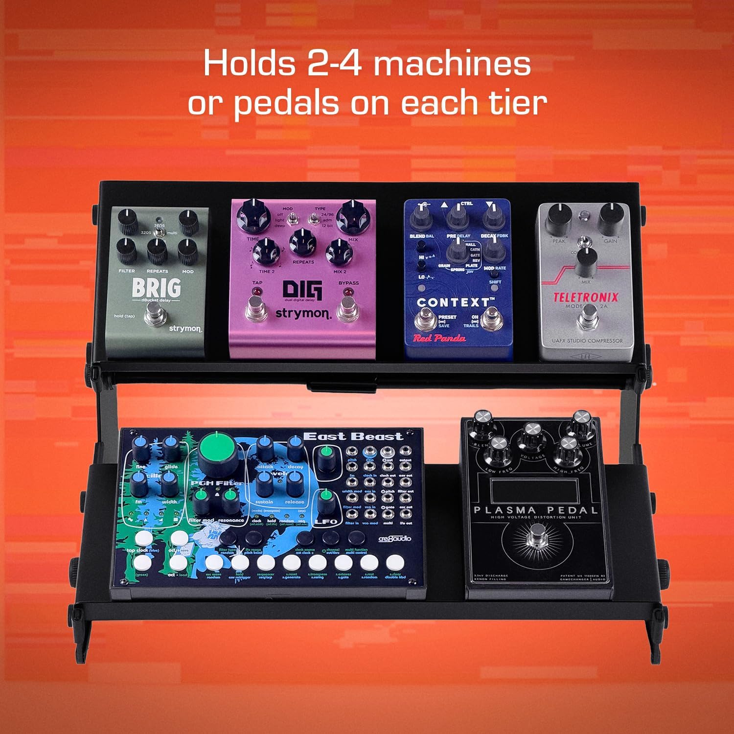 XTS Mini Duo-Flex Desktop Stand, 2 Tiers with Trays for FX Pedals / Synths / Audio Interfaces / MIDI Controllers, Holds 2-4 Pedals or Machines on Each Tier, 15.5' Width, Fits Elektron Digitakt / Digitone / Octatrack & More