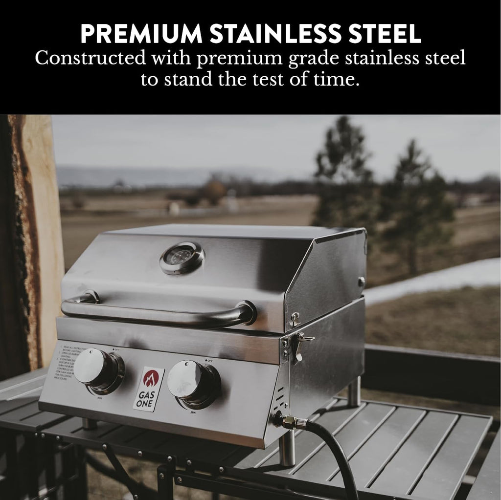 GasOne Portable Propane Grill – 16-inch Stainless Steel Tabletop Grill – Tabletop Gas Grill with Heat Control and Built-In Thermometer – Large Cooking Area – Ideal for Outdoor, Camping, Travel, RV