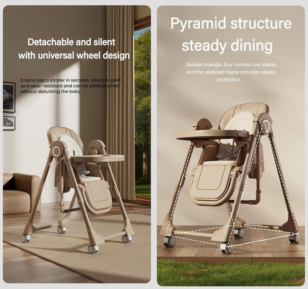 Nine point nine Electric Bluetooth Smart PU Leather Baby High Chair with Swinging Function, High Chairs for Babies and Toddlers, Removable Double Tray Baby Seat Feeding Chairs (E8121 Khaki)