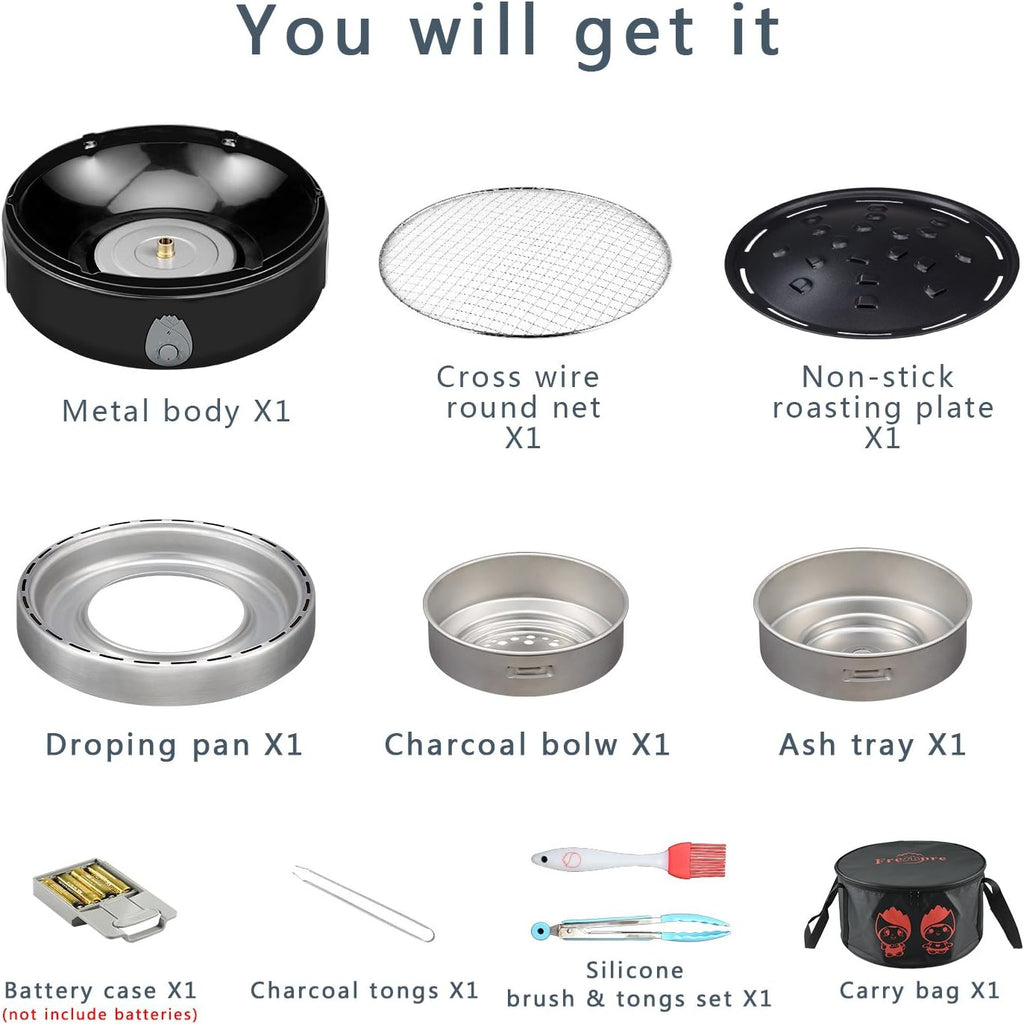 Portable Charcoal Outdoor BBQ Grill For Camping With Travel Bag - Small Tabletop Smoke ＆ Smokeless Pan Optional - Built In Electric Fan Power Supplied By Battery Charger Or Power Bank. (Luxury Black)