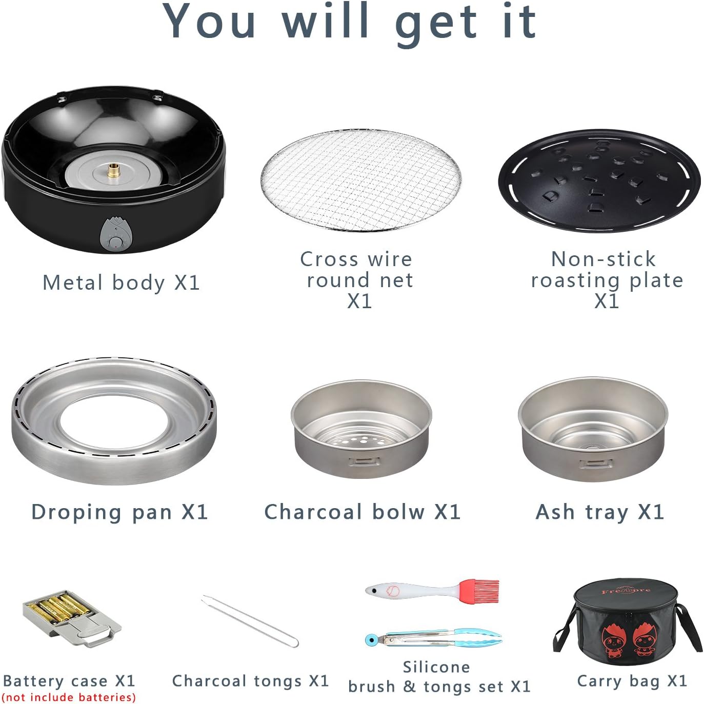Portable Charcoal Outdoor BBQ Grill For Camping With Travel Bag - Small Tabletop Smoke ＆ Smokeless Pan Optional - Built In Electric Fan Power Supplied By Battery Charger Or Power Bank. (Luxury Black)
