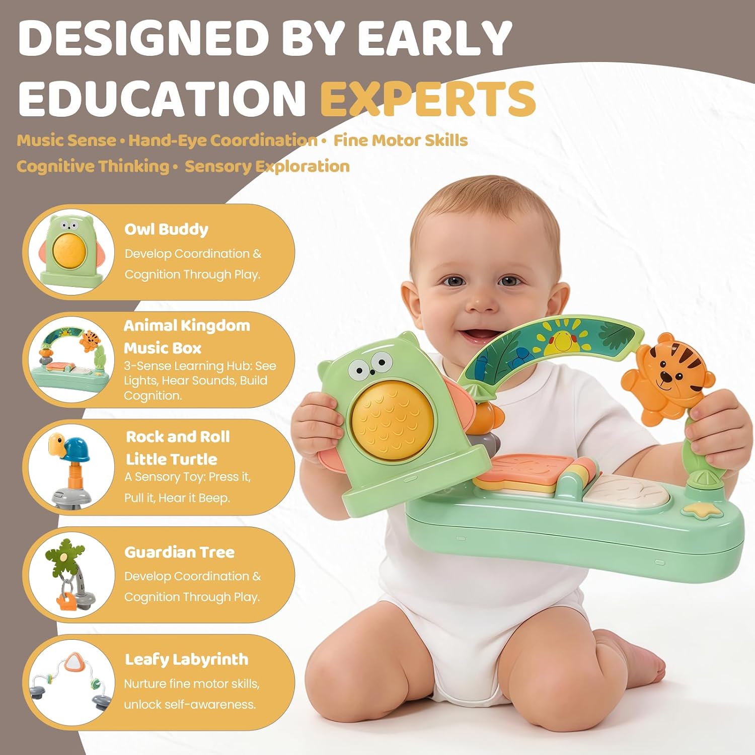 Time Followers® 6-in-1 Baby Activity Center | 4 Stage Montessori-Inspired Toys | Grow Stationary Standing Toddler Table | Jumpers & Bouncers | Must Have for Boy & Girl 6, 12, 24+ Month Old (Beige)