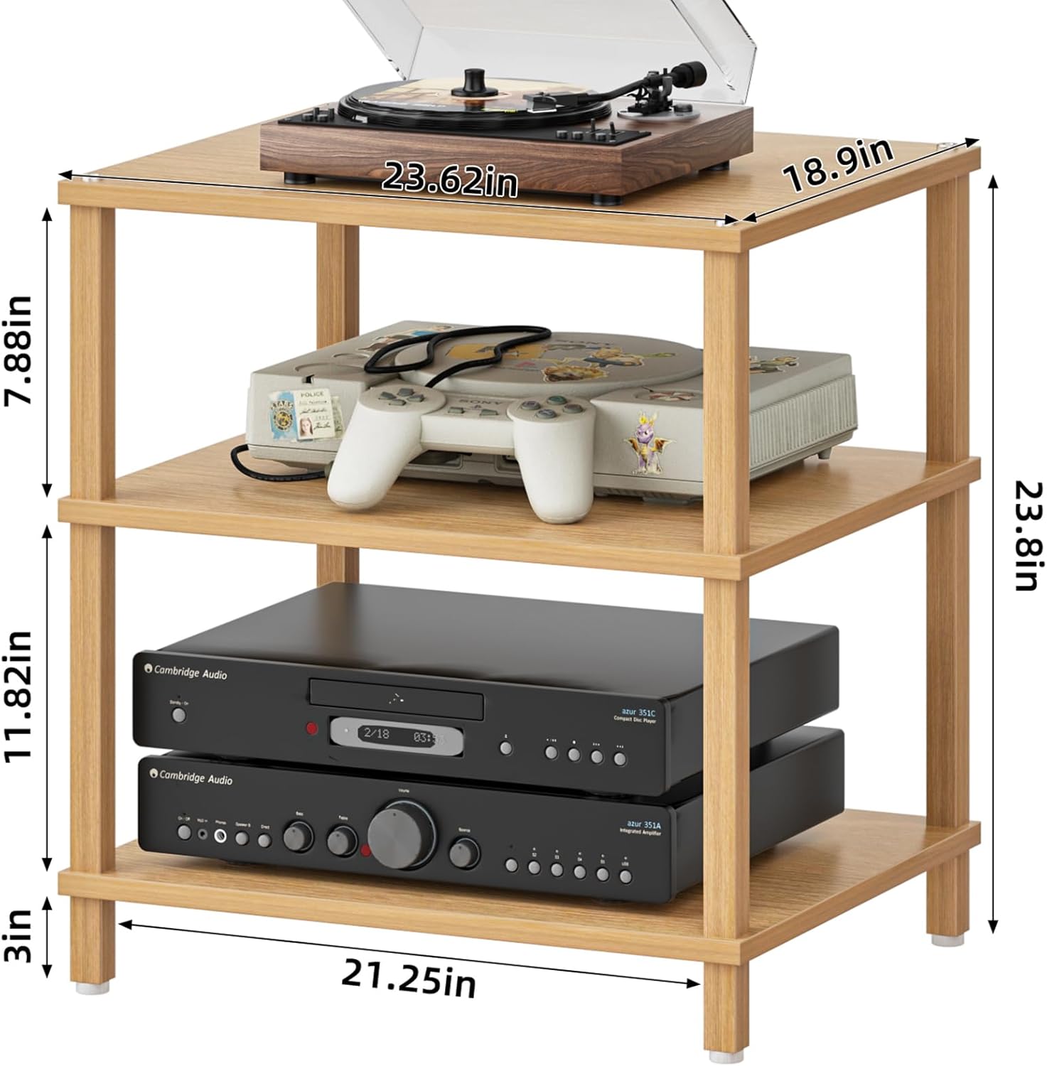 LELELINKY 3-Tier AV Media Player Stand Set of 2, Natural Stereo Cabinet, Wooden TV Stand,Game Console Shelf, Multifunctional Entertainment Center, Suitable for Home, Conference Room, Game Studio