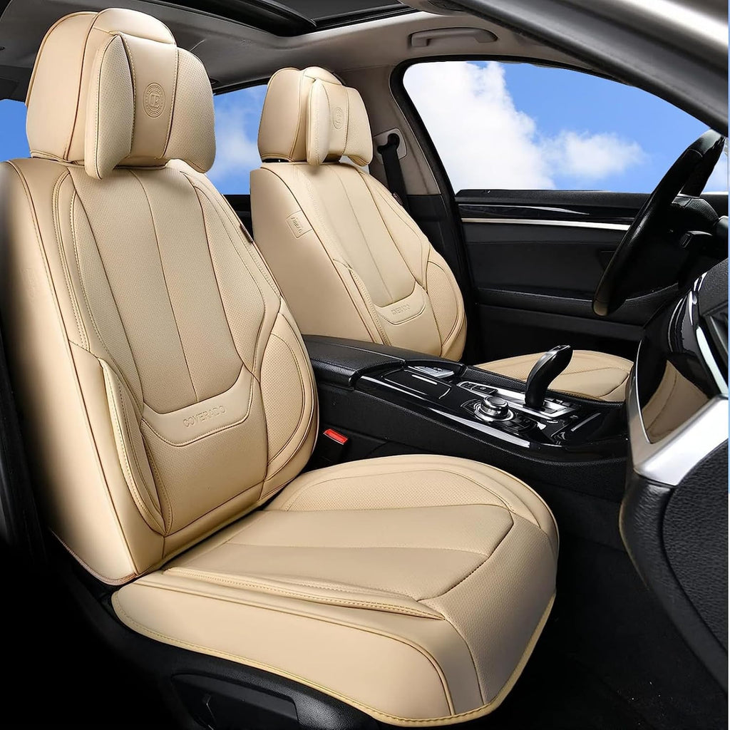 Coverado Universal Seat Covers Full Set, 5 Seats Universal Seat Covers for Cars, Waterproof NAPPA Leather Car Seat Covers with Head Pillow, Auto Protectors Fit for Most Sedans SUV Pick-up Truck, Beige