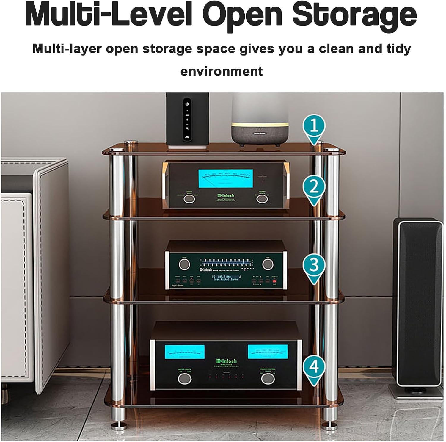 1/2/3/4 Tier Stereo Rack AV Media Stand with Tempered Glass Shelves, Audio Rack Tower CD Record Player Stereo Receiver AV Equipment Cabinet Display Stand,Clear,1 Tier