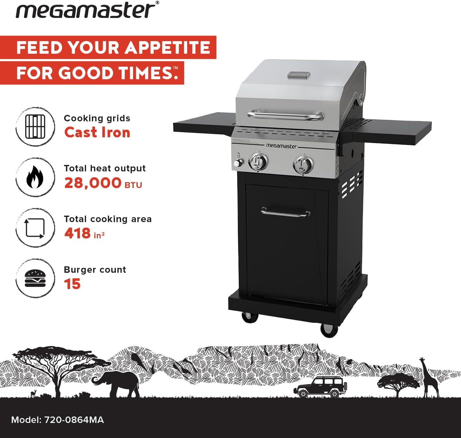 Megamaster Deluxe 2-Burner Gas Grill with Foldable Side Tables, 418 SQ In Cooking Space, 28000 BTUs, Stainless Steel Lid, Propane BBQ Grill for Outdoor Cooking, Patios, Backyards and More - 720-0864MA
