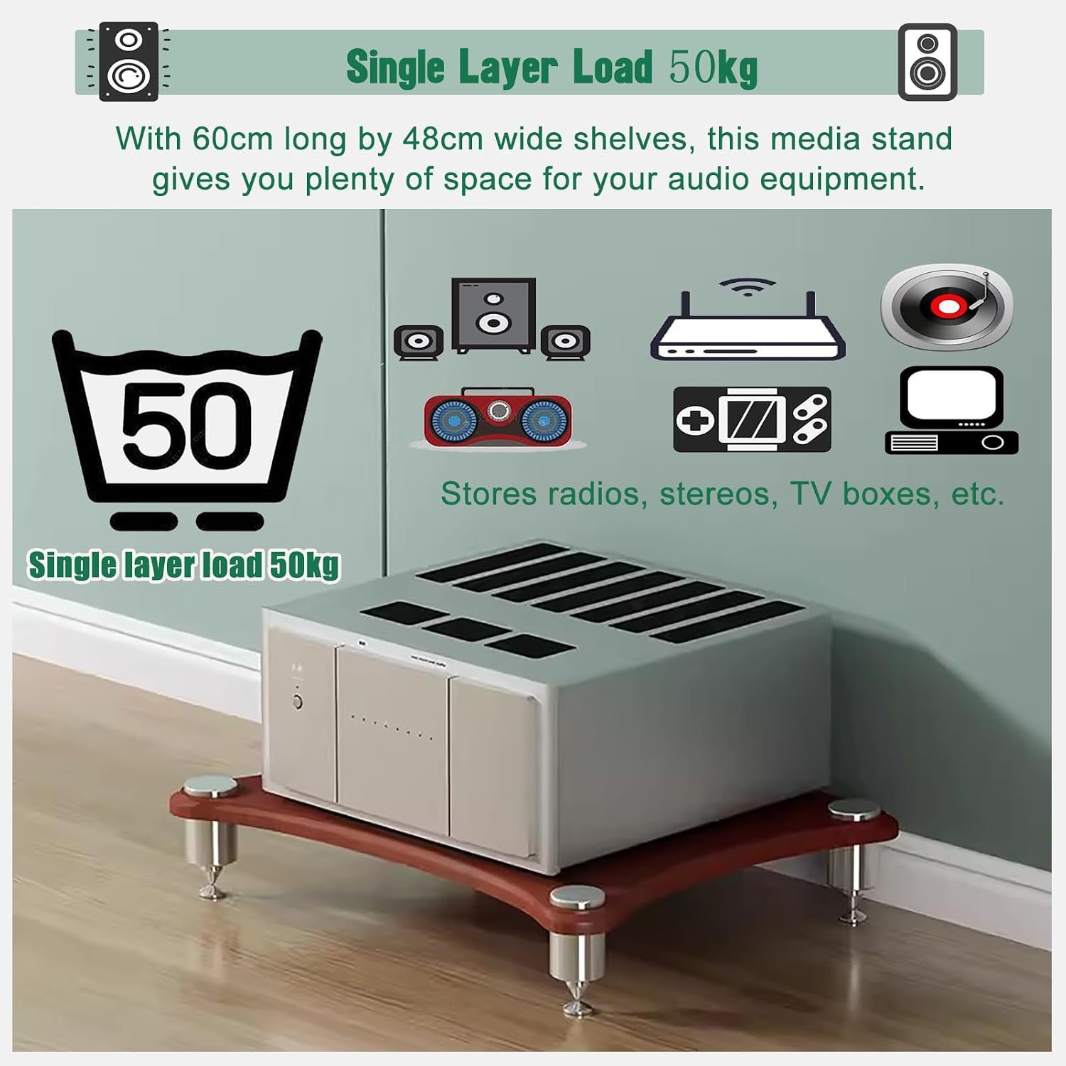 AV Media Tower Stereo Cabinet, 1/2/3/4 Tier Floor-Standing Audio Component Stand, Audio Equipment Storage Shelf for Home Theater Meeting Room Office(60x48x40cm)