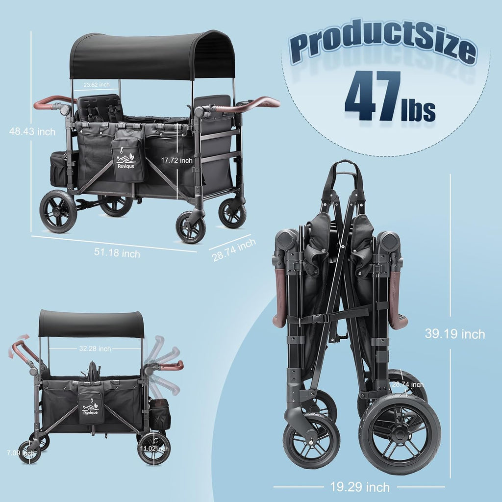 Rovique Wagon Stroller 4 Seater – Includes Adjustable Canopy,Convertible Seats, Snack Tray, Parent Organizer, 5-Point Harness, Push/Pull Adjustable Handle