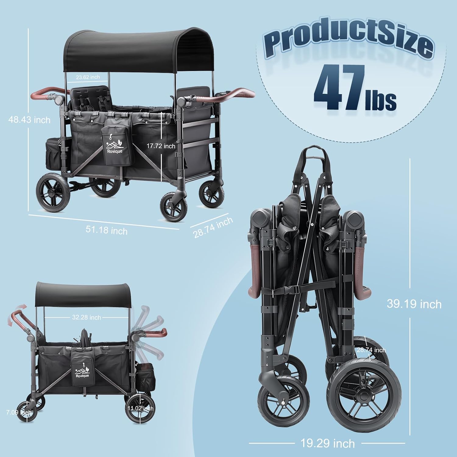 Rovique Wagon Stroller 4 Seater – Includes Adjustable Canopy,Convertible Seats, Snack Tray, Parent Organizer, 5-Point Harness, Push/Pull Adjustable Handle
