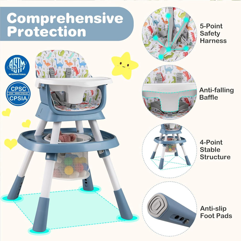 KOTEK 16 in 1 Convertible High Chair, Baby Highchair & Activity Center, Booster Seat, Building Block Table, Toddler Chair with 5-Point Harness, Removable Tray & Cushion (Blue)