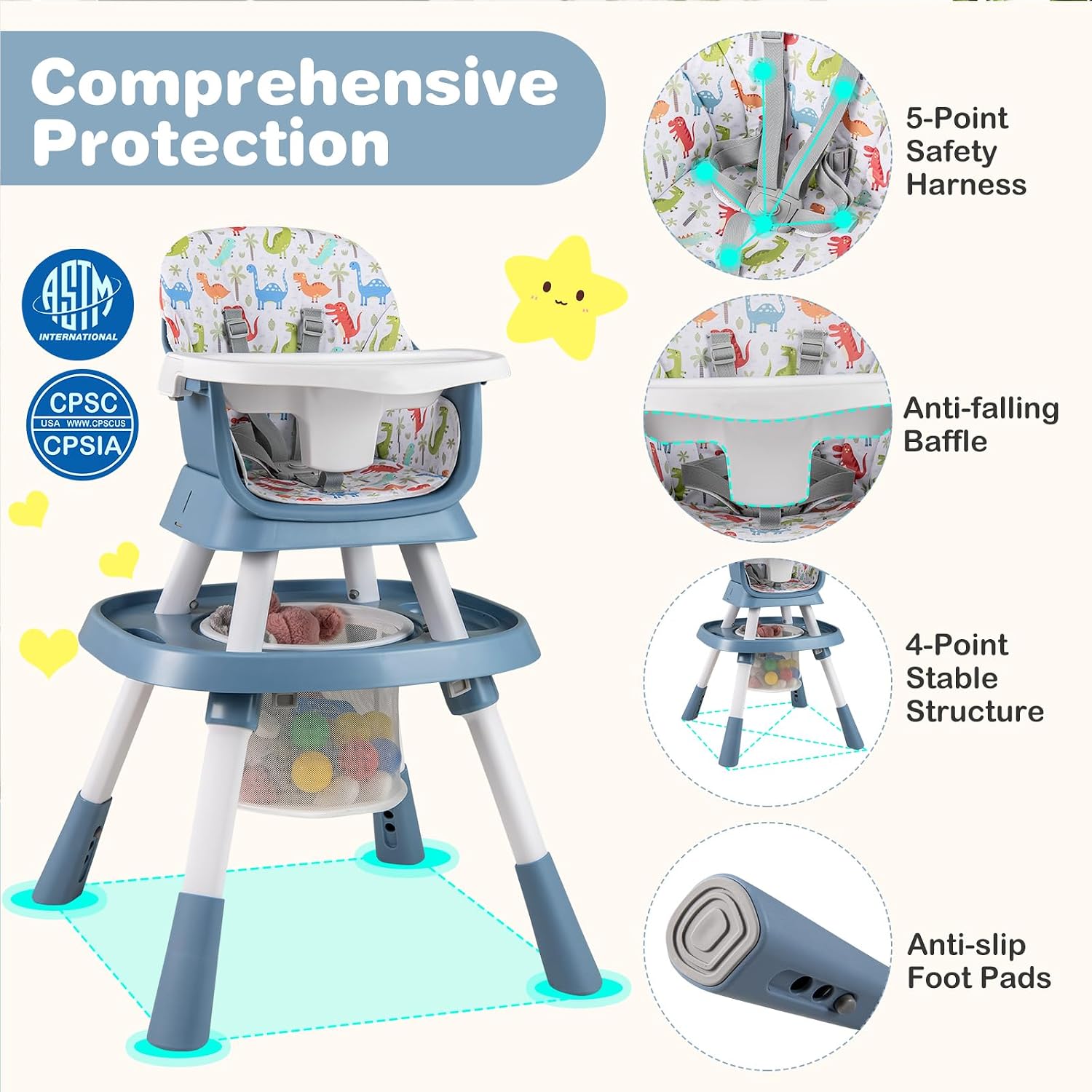 KOTEK 16 in 1 Convertible High Chair, Baby Highchair & Activity Center, Booster Seat, Building Block Table, Toddler Chair with 5-Point Harness, Removable Tray & Cushion (Blue)