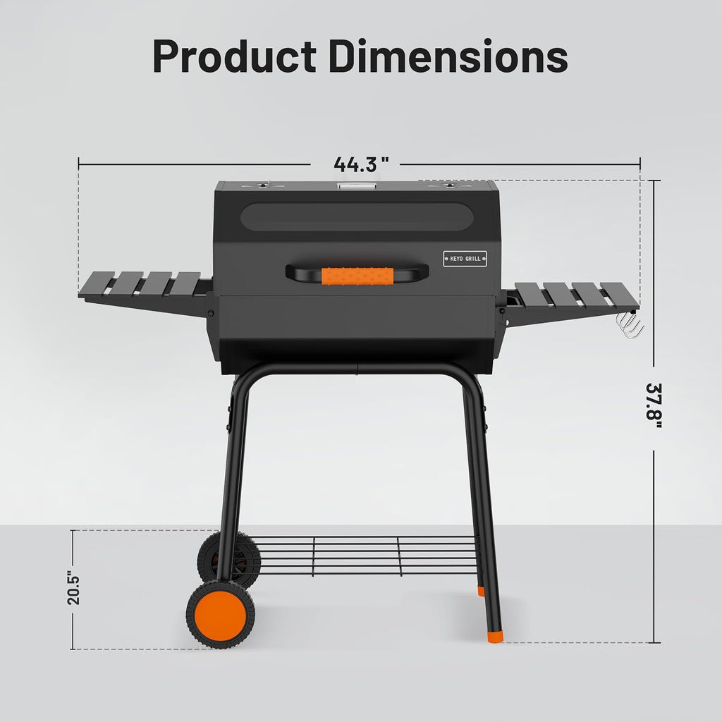 KEYO GRILL 23-Inch Movable Charcoal Grill, High Temperature Resistant Glass Barrel Charcoal Grills with Adjustable Vents, Warming Rack Outdoor BBQ Grills for Backyard, Patio and Parties, Black