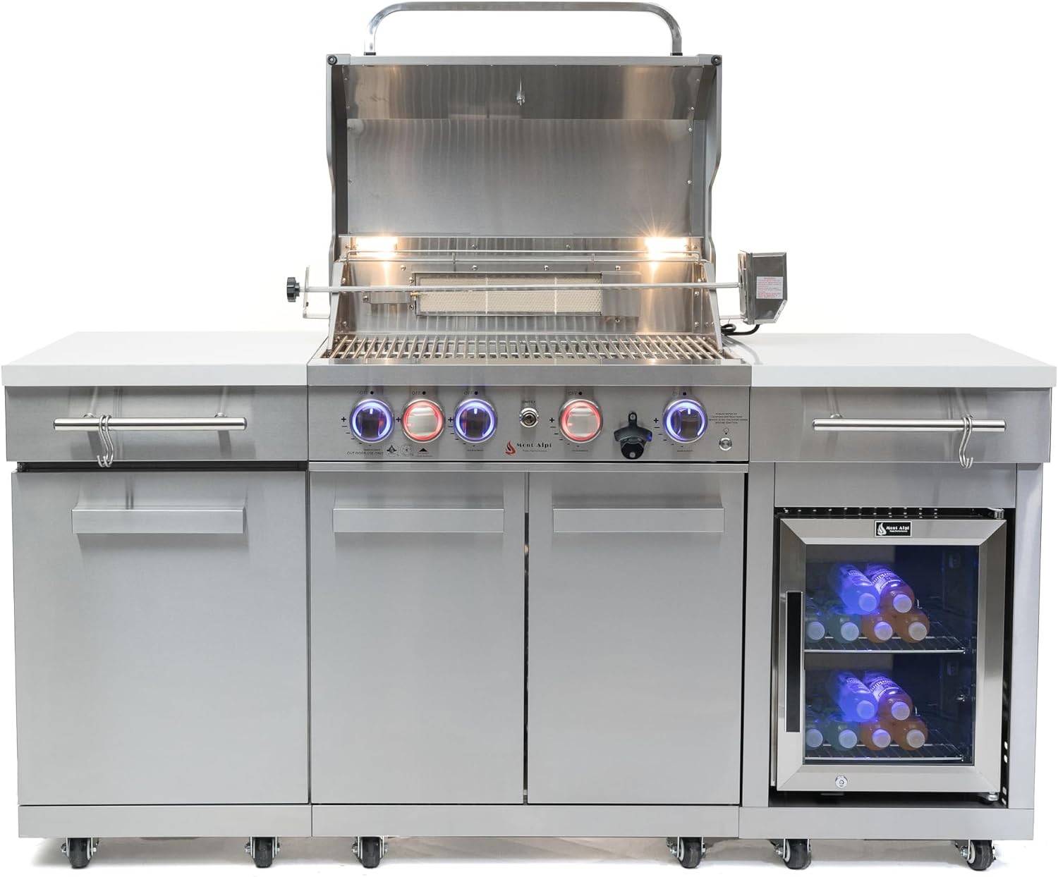 Mont Alpi Premium 70'W x 24'D Stainless Steel Compact Outdoor Kitchen Island with Refrigerator + 32'W 4-Burner BBQ Grill with Infrared Rotisserie Burner + Storage Cabinets + White Granite Countertops