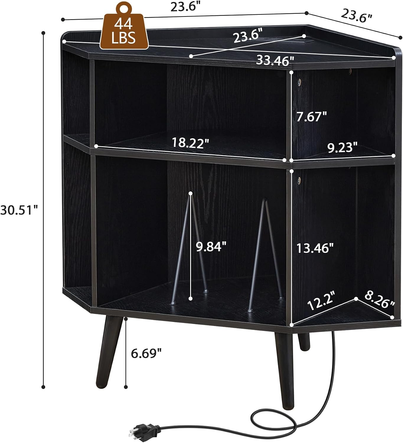 Corner Record Player Stand with Charging Station & USB Ports, 3 Tier Mid Century Modern Vinyl Record Storage Cabinet, Wood Turntable Stand for Music Room, Living Room, Small Space