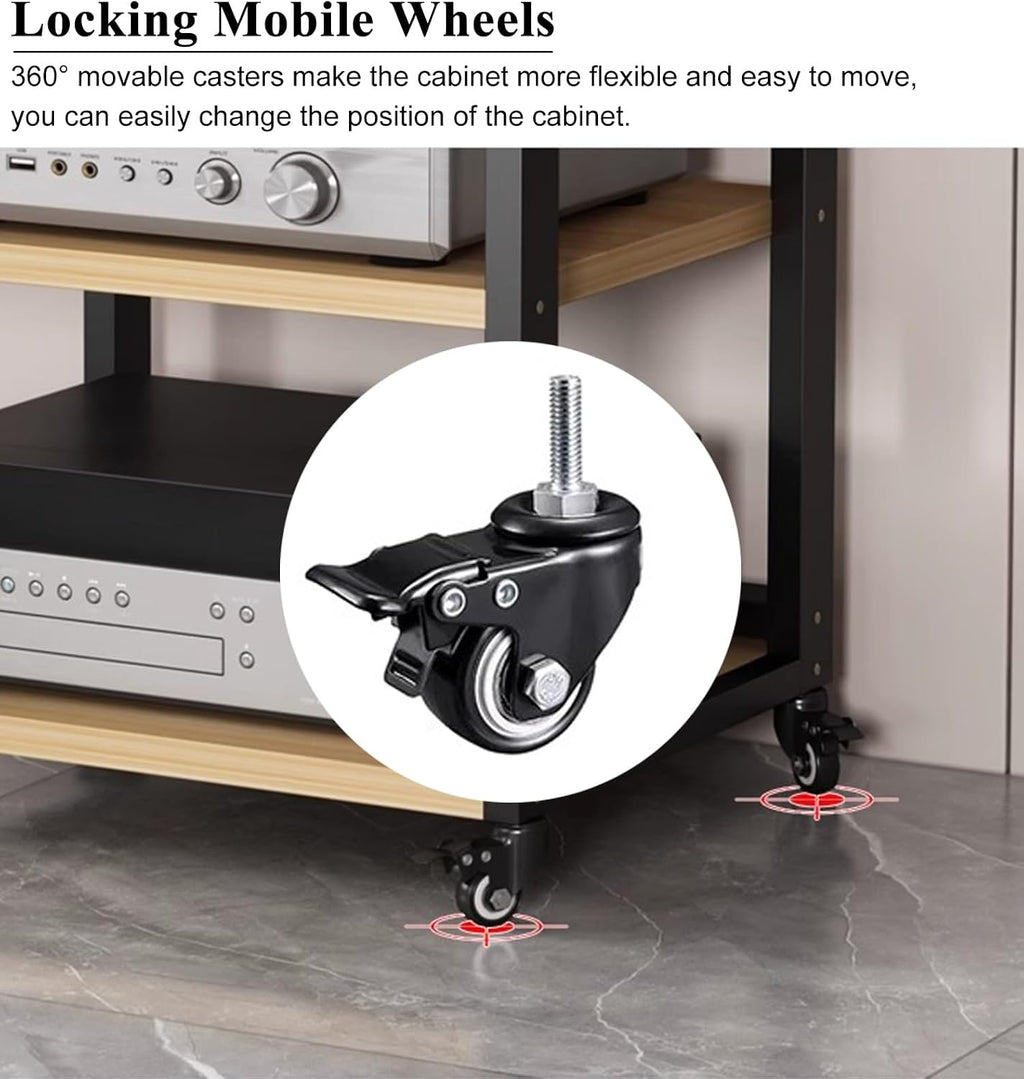 2/3/4/5-Tier Audio Component Rack with Wheels, Heavy Duty AV Media Stand HiFi Amplifier Rack, Home Storage for Record Player, Audio/Video Equipment(Black+Brown,L55xW50xH49cm)
