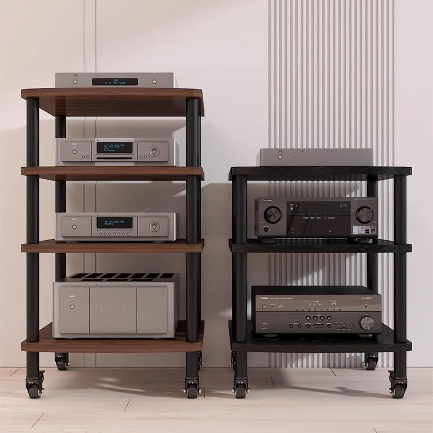 4-Tier AV Media Stand - Walnut Vinyl Record Player Shelf, Wooden Stereo Cabinet & Storage Rack for Audio Components, Ideal for Gaming & Entertainment Systems