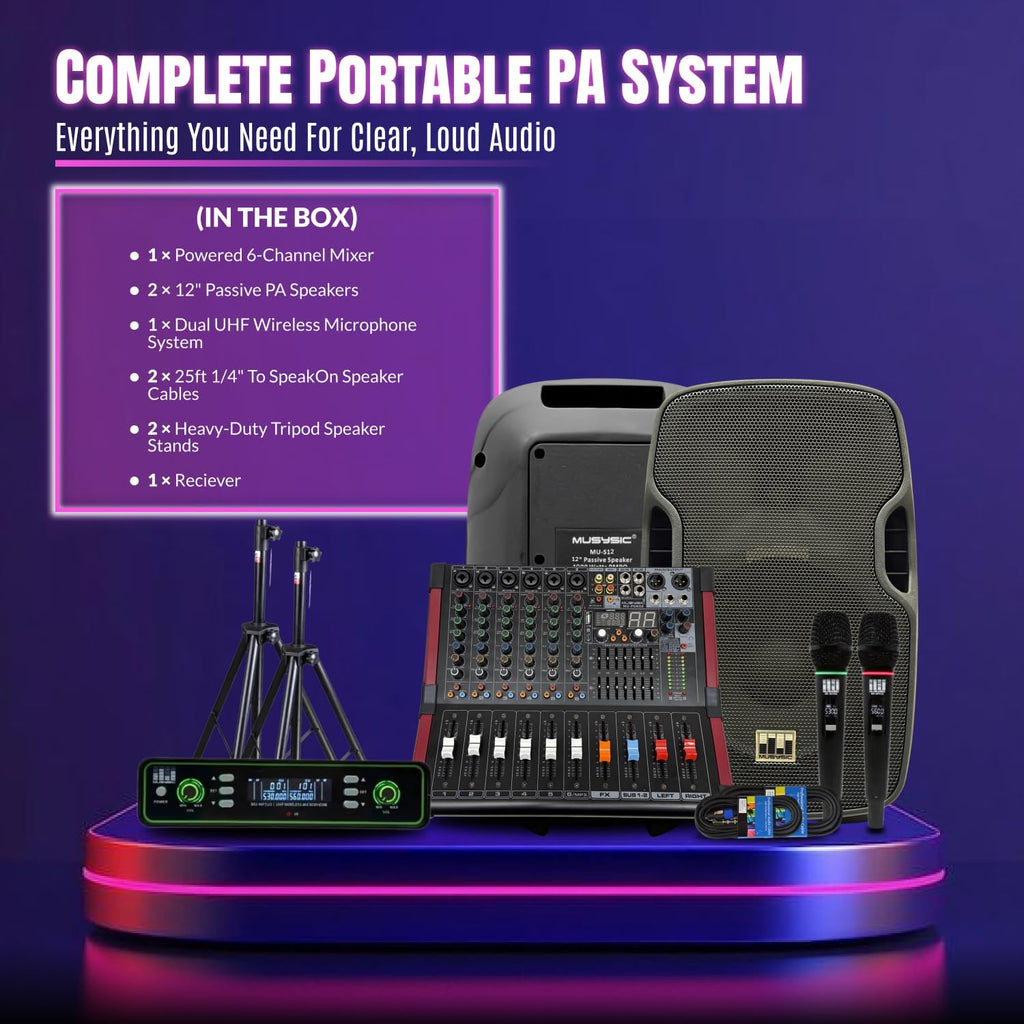 MUSYSIC Portable PA System with Wireless UHF Microphone, 12' PA Speaker System, Party DJ Speakers, 2000W Built-in Amplifier w/6 Channel Audio Mixer System, 1000W Passive Speaker, Dual Tripod Stands