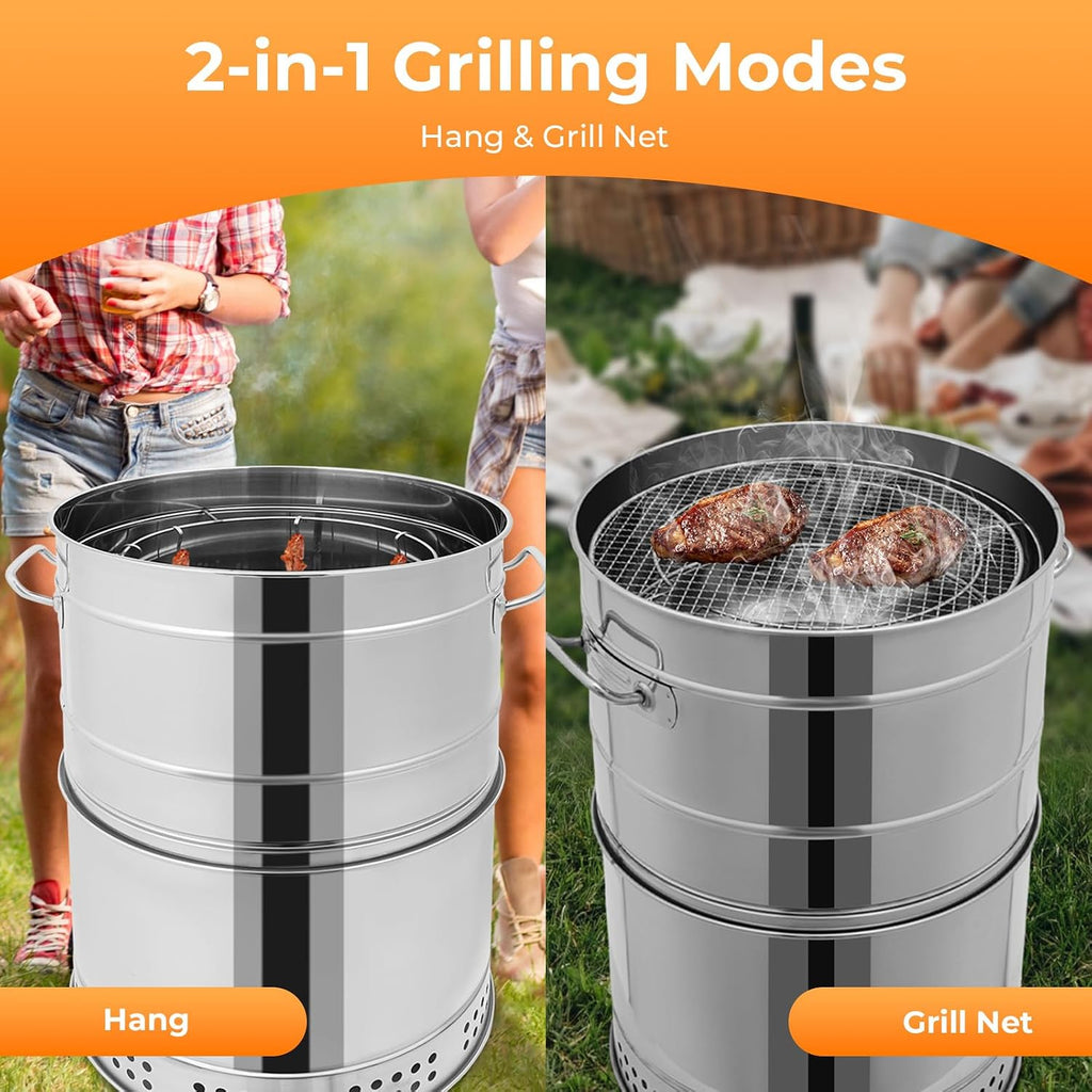 Large Stainless Steel Charcoal Hanging BBQ Grill, Charcoal Grills 360° Rotating Vertical Grill Portable Barbecue Barrel for Outdoor Cooking, Camping, Garden, Party