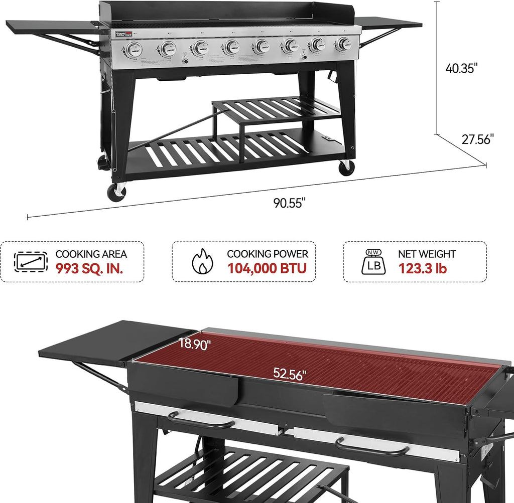Royal Gourmet Event 8-Burner BBQ Propane Gas Grill with Cover, Picnic or Camping Outdoor