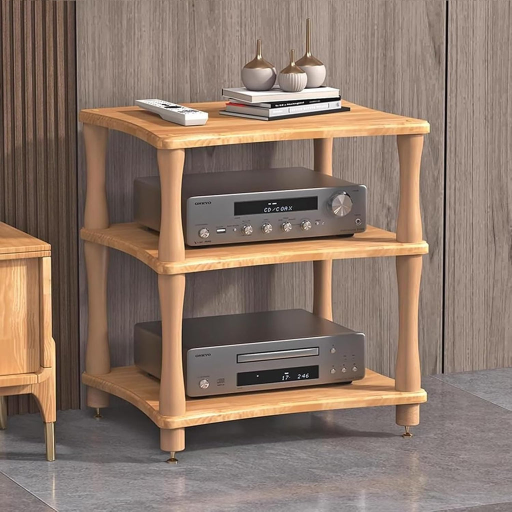 HOFSSI 3 -Tier AV Component Media Stand Audio/Video Component Cabinet Open Multi-Function Storage Shelves with Wooden Shelf for TV, Stereo Equipments, Gaming Consoles, Streaming Devices(A)