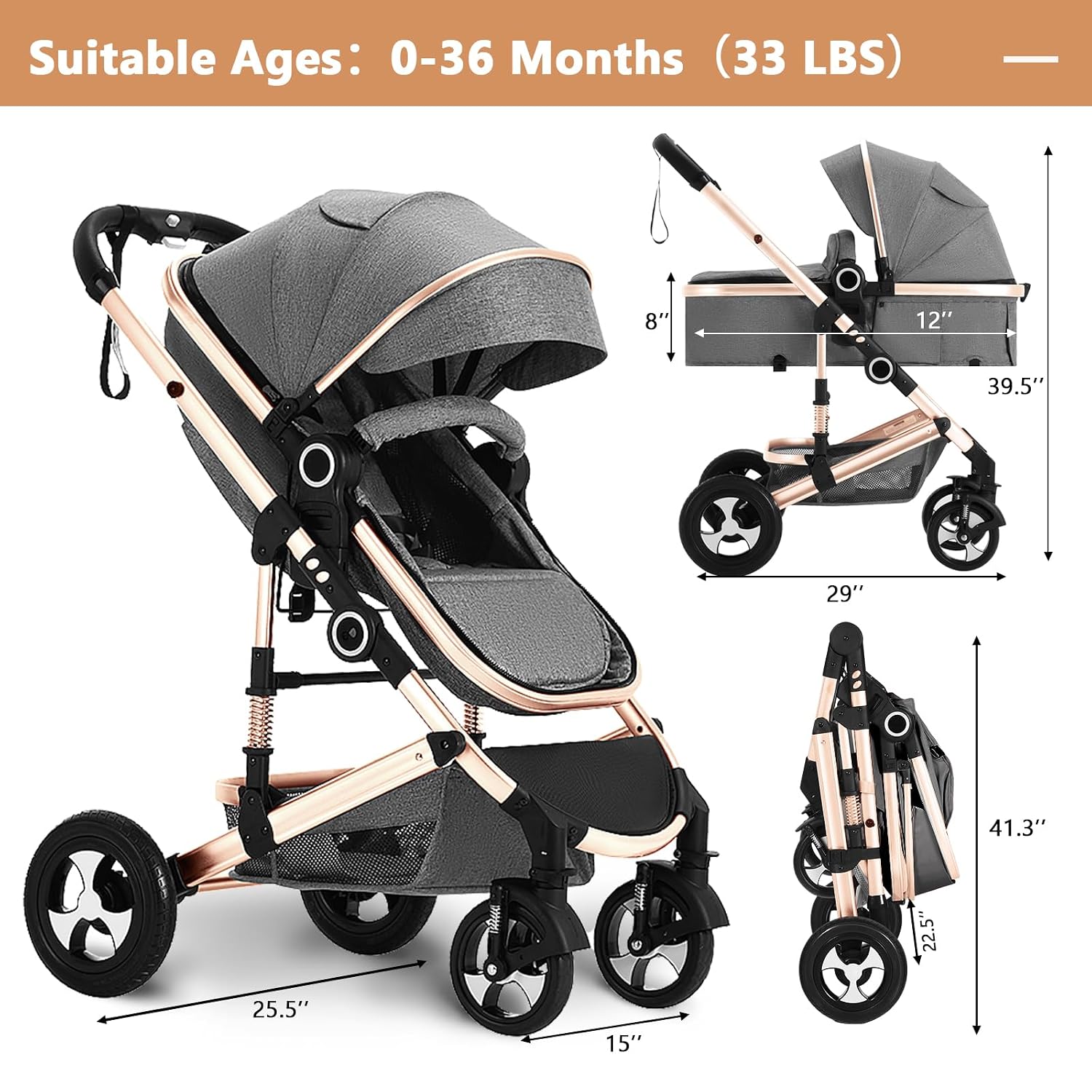 TODEFULL Convertible Baby Stroller, 3 in 1 Folding Infant Stroller, High Landscape Pushchair w/Adjustable Backrest & Canopy, Newborn Pram with Foot Cover, Storage Basket, Grey