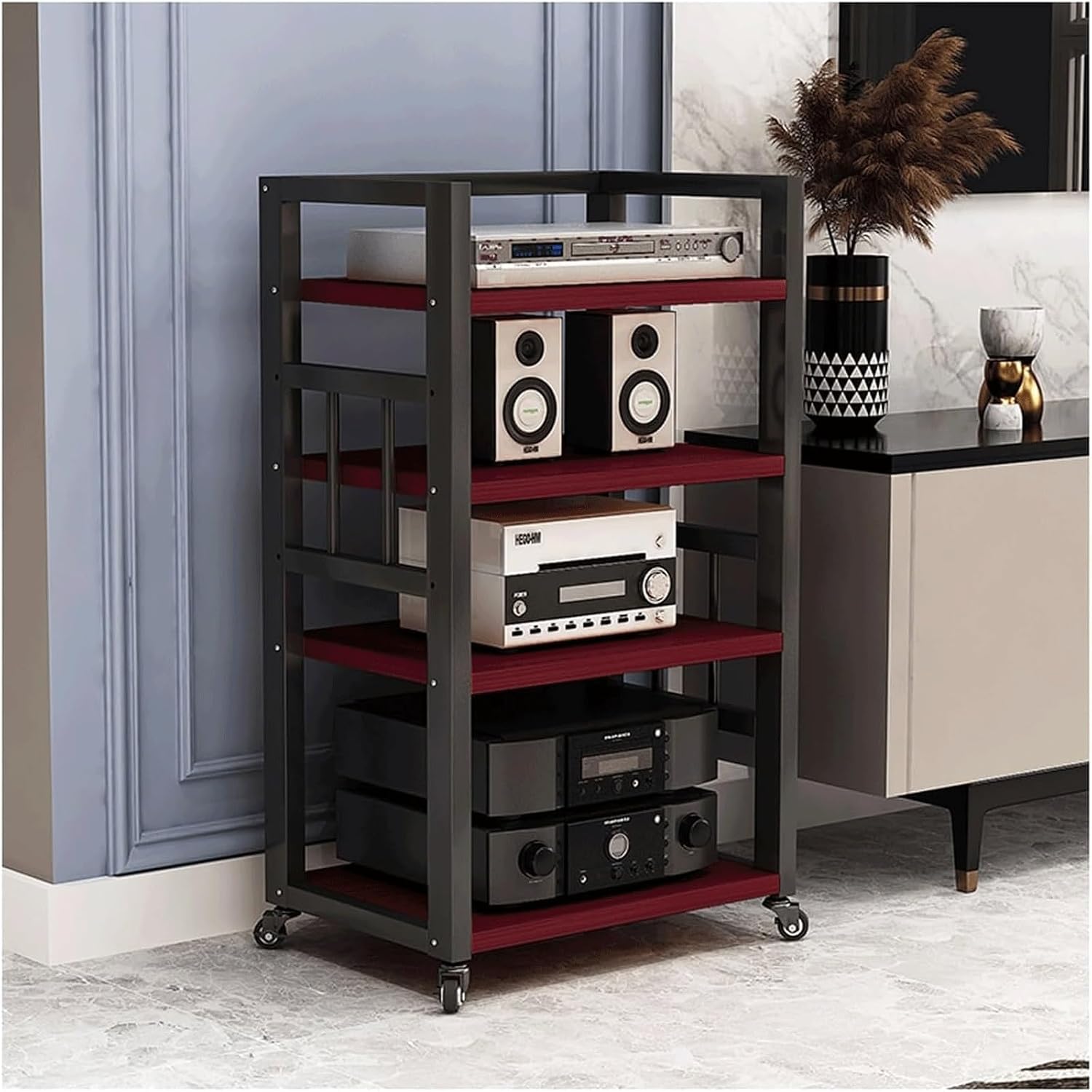 Audio Rack 4 Tier Stereo Rack Audio Equipment Rack Wooden Audio Rack Cabinet Open HiFi Rack with Wheels Audio Component Rack Durable(Brown)