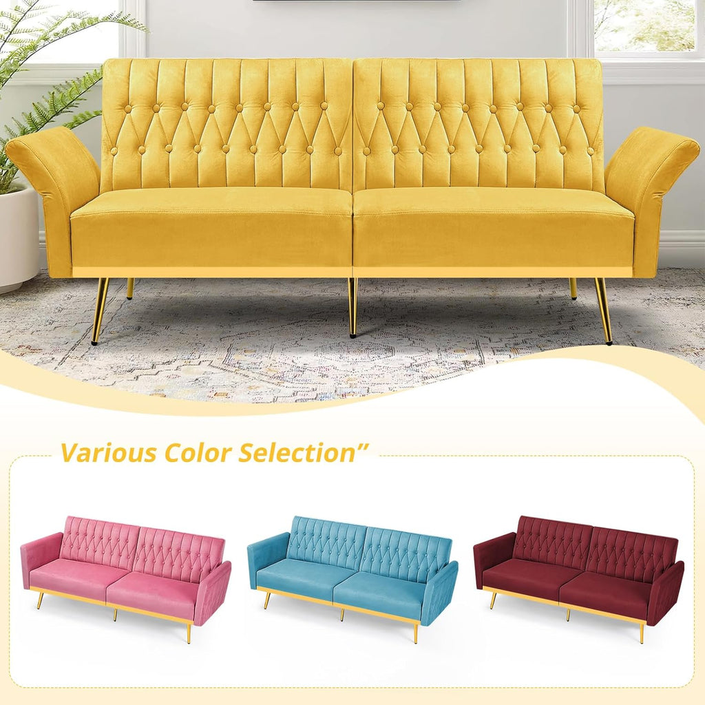 70' Velvet Futon Sofa Bed w/Adjustable Armrests & 2 Pillows, Convertible Futon Couch w/Adjustable Backrests, Modern Sleeper Bed for Living Room, Bedroom, Yellow
