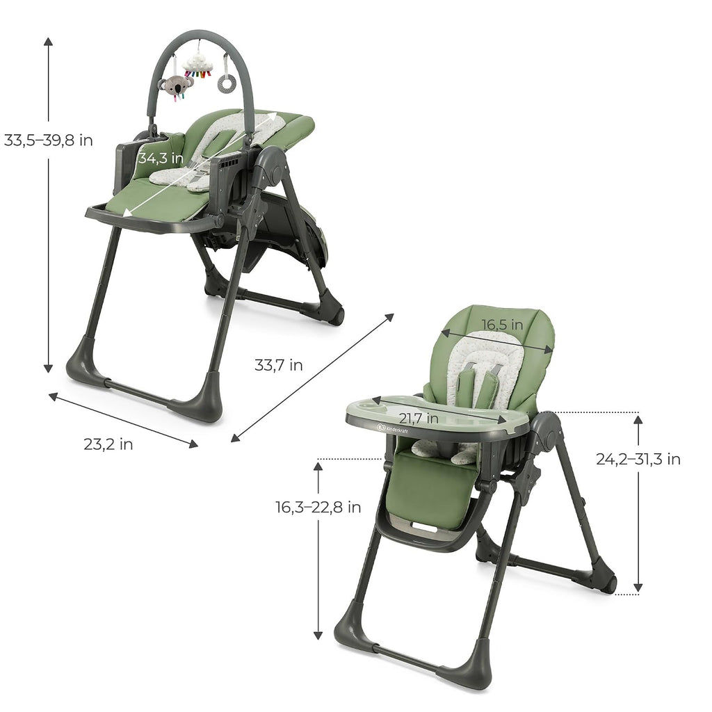 Kinderkraft Tummie, 2-in-1 high Chair, Baby Chair, Ergonomic, Comfortable, Reclining, Foldable, with Ajustable Height, Footrest, Detachable Tray, for Toddler, with Toys, Green