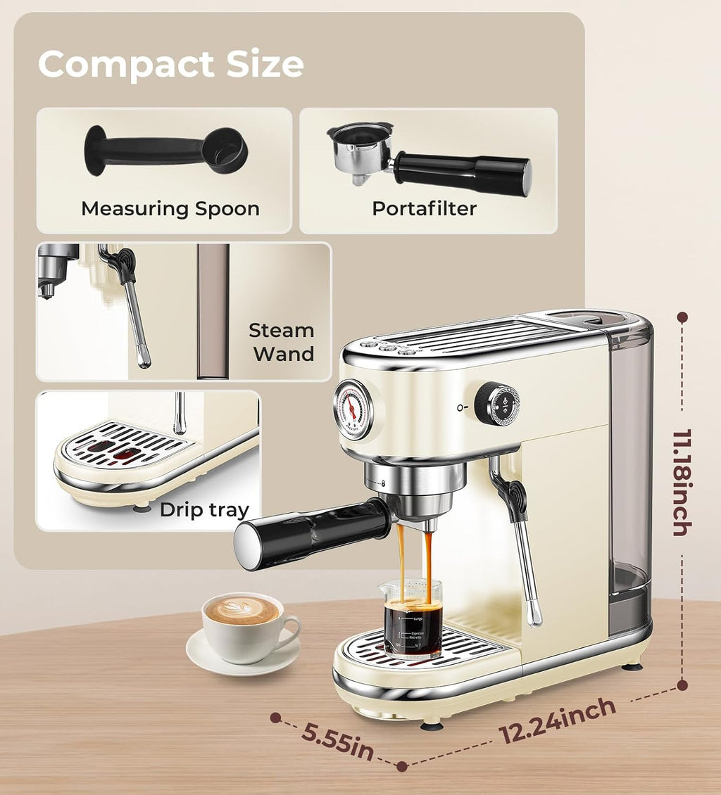 atatix 20 Bar Espresso Machine with Milk Frother, Compact Espresso Maker, Stainless Steel Coffee Machine with Precise Temp Control & 44oz Removable Water Tank for Latte, Cappuccino, Creamy White