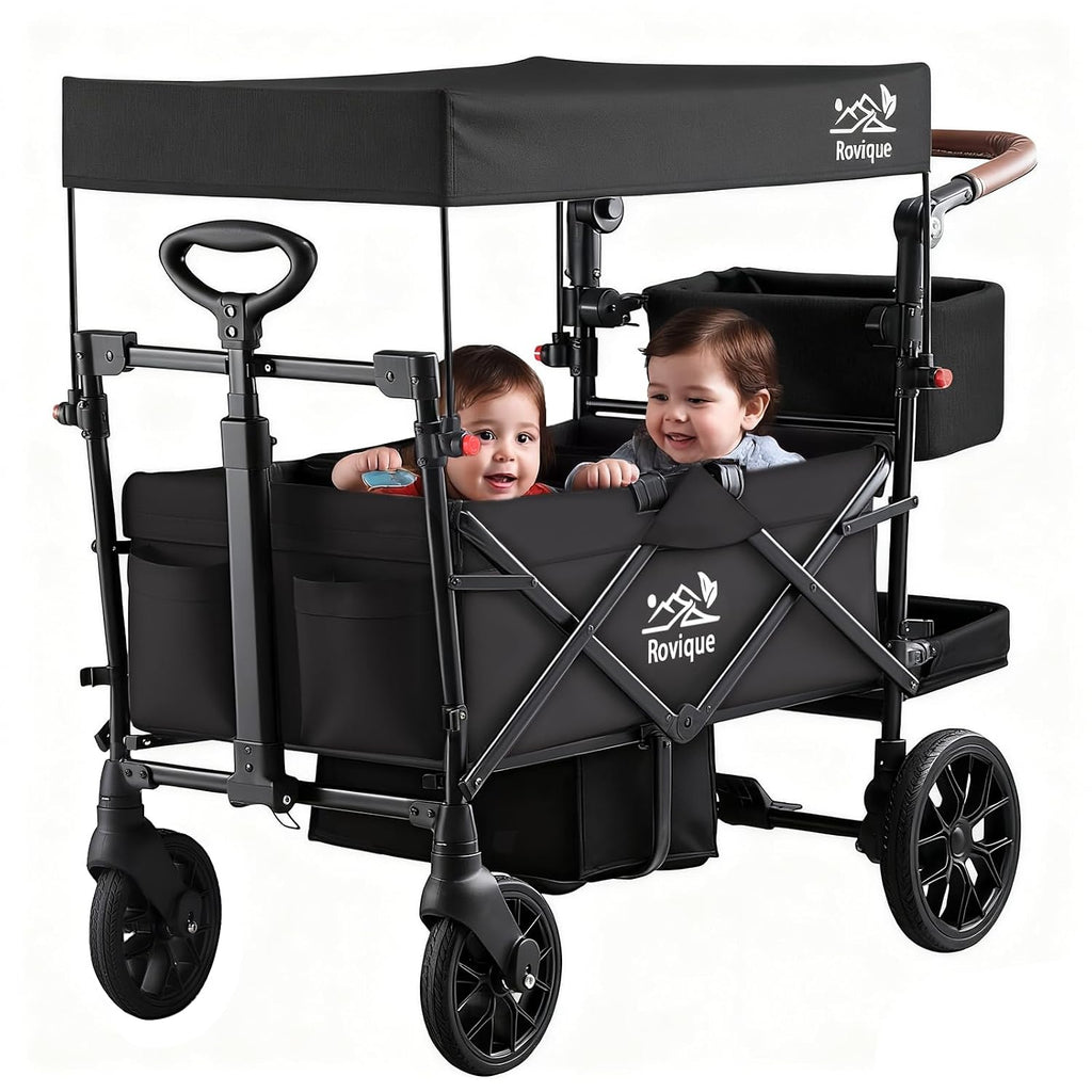 Wagon Stroller for 2 Kids, Premium Stroller Wagon for Kids with Removable Canopy, Safety Harness, Adjustable Handlebar & Storage Organizer, All-Terrain Foldable Baby Wagon for Outdoors