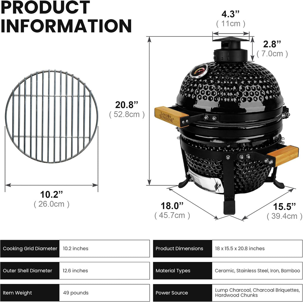 Upgraded 13 inch Ceramic Kamado Grill with Waterproof Air Vent Cap | Portable Tabletop Charcoal BBQ Grill Smoker for Outdoor Cooking, Patio, Camping | Black
