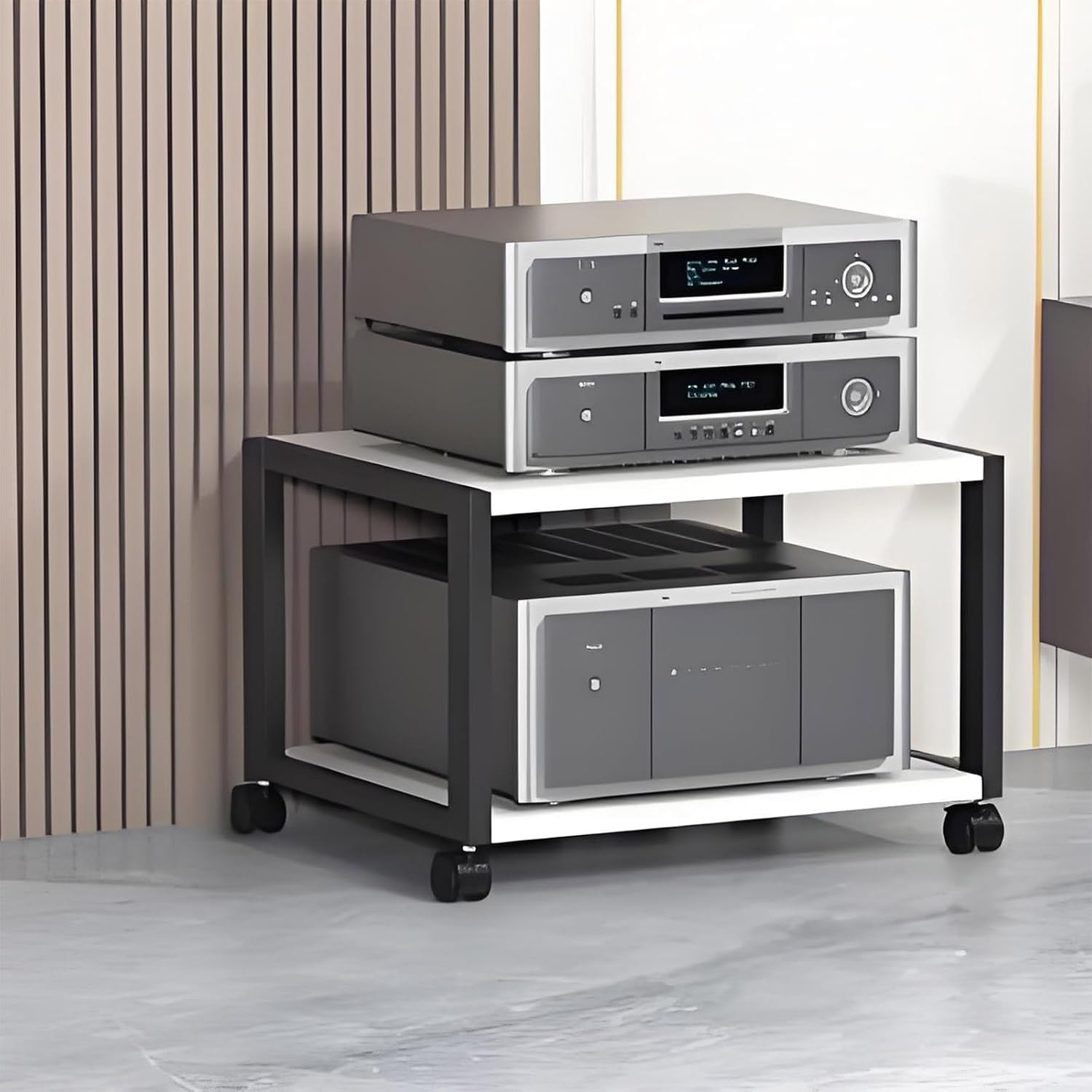 360° Rotating Audio Video Media Stand - Modern Stereo Rack Cabinet, Movable Storage Tower for Home Entertainment, Stylish White Finish, Perfect for Organizing Audio Equipment
