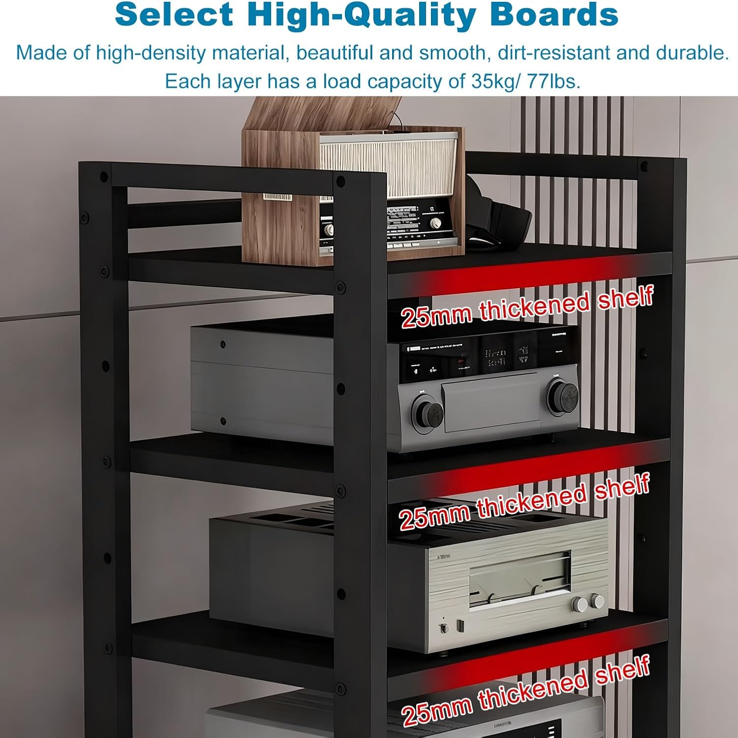6 Tier Audio Rack Tower, Heavy-Duty AV Media Stand, Adjustable Shelves, Media Storage Cabinet for Amplifier, Record Players, Audio-Visual Equipment(Teak)