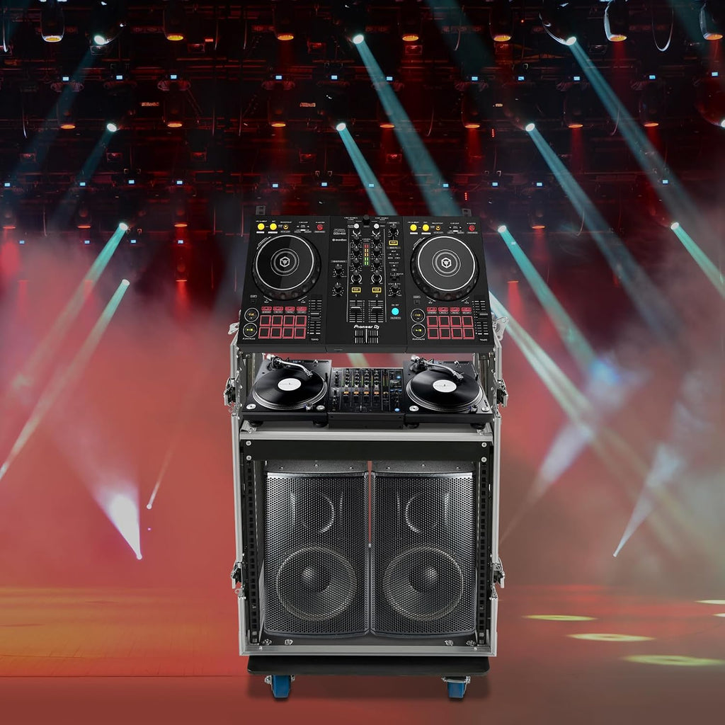 10U PA DJ Rack/Road ATA Case, Network & Stereo Rack with Slant Mixer Tops, Heavy-Duty DJ Work Table Rolling Studio Equipment Cabinet, Amplifier Mixer Storage Stand for Pro Tour Grade, Live Sound